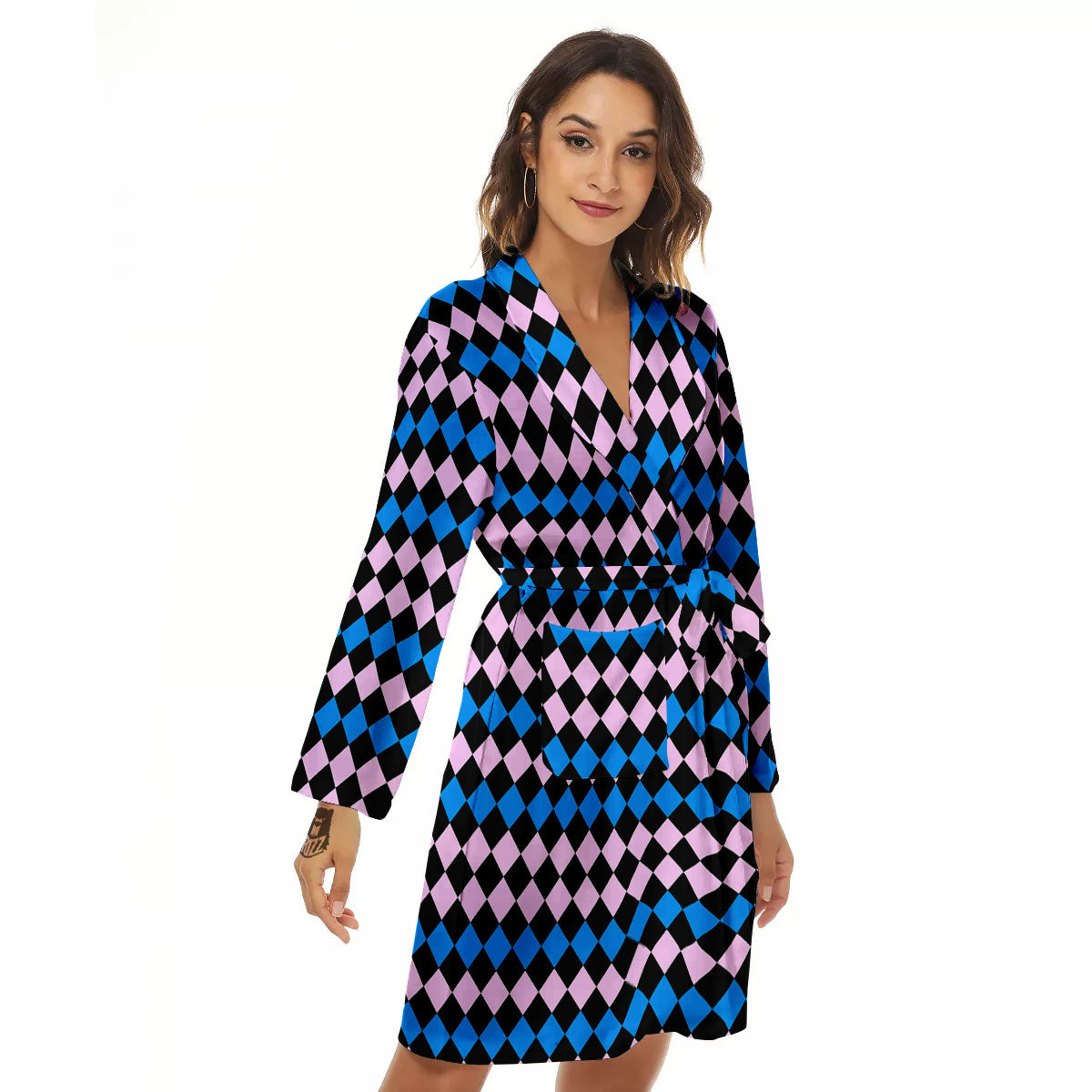 Pink Black And Blue Argyle Print Pattern Women's Robe-grizzshop