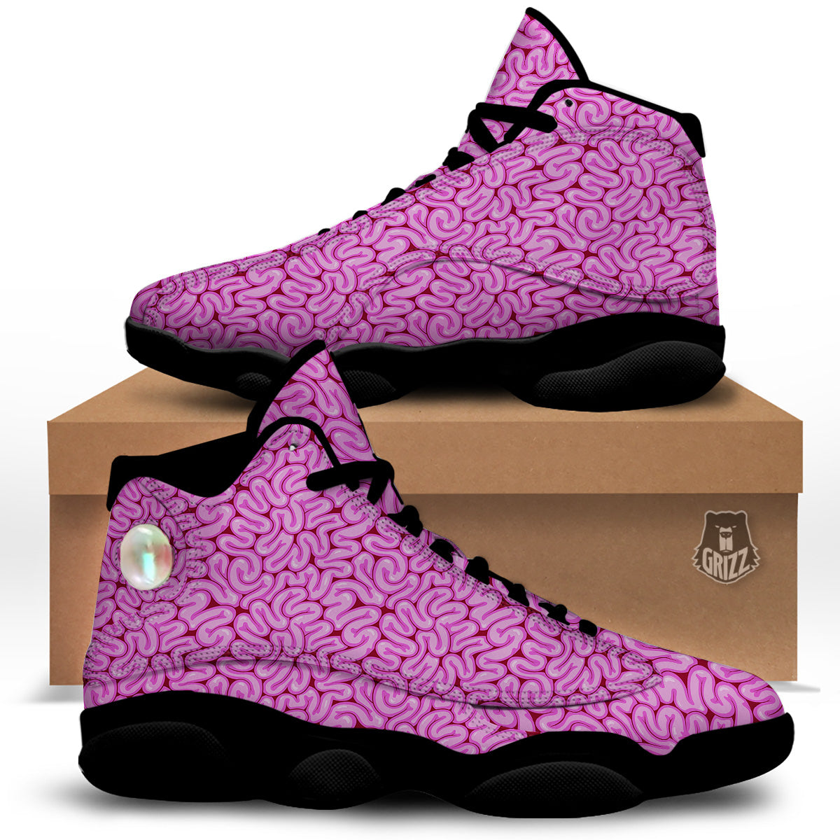 Pink Brains Cartoon Print Pattern Black Basketball Shoes-grizzshop