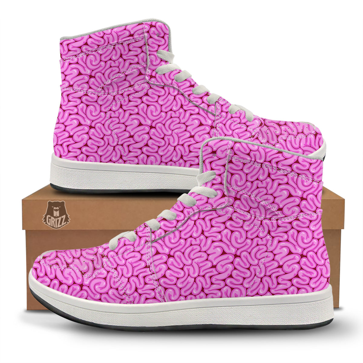 Pink Brains Cartoon Print Pattern High Top Sneakers-grizzshop