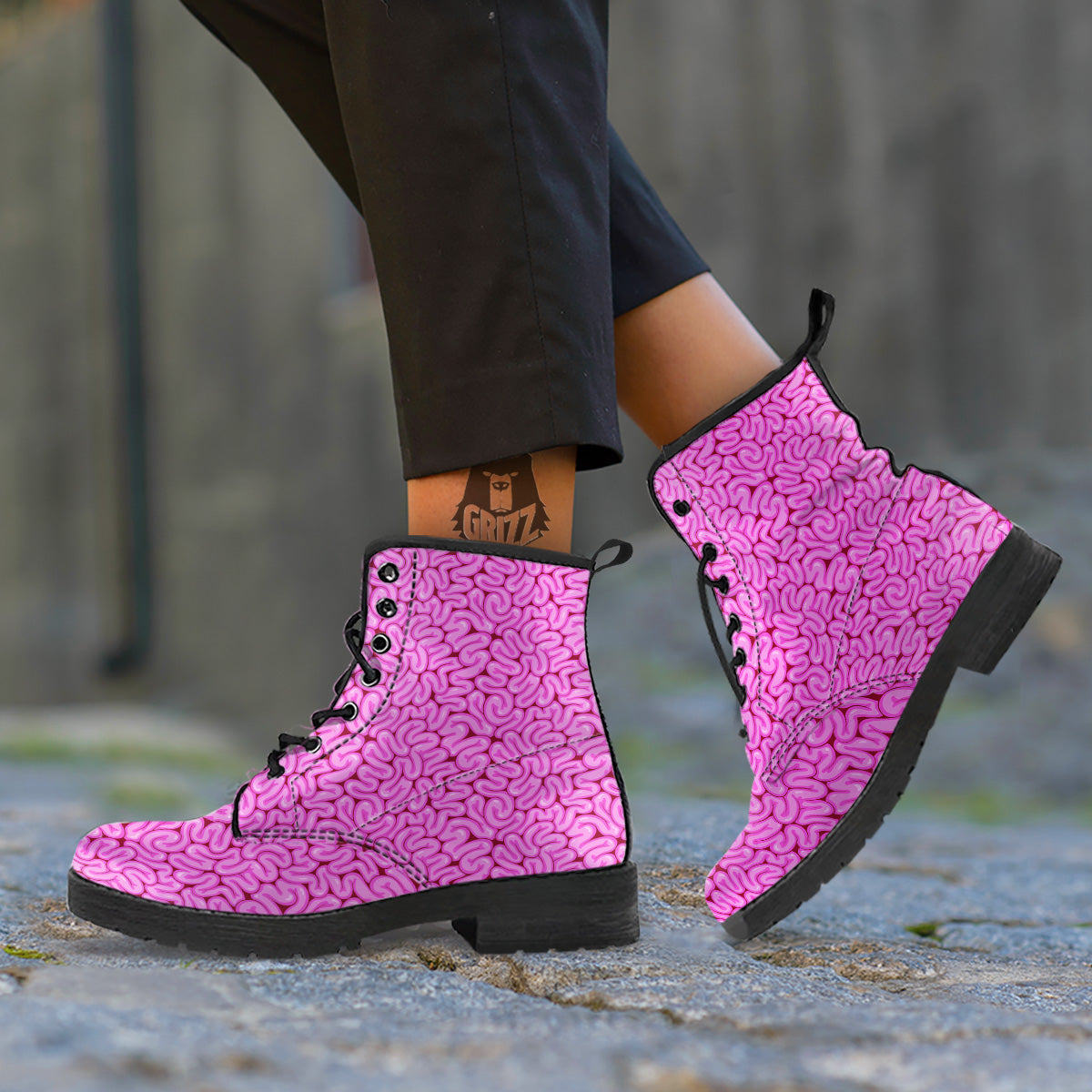 Pink Brains Cartoon Print Pattern Leather Boots-grizzshop