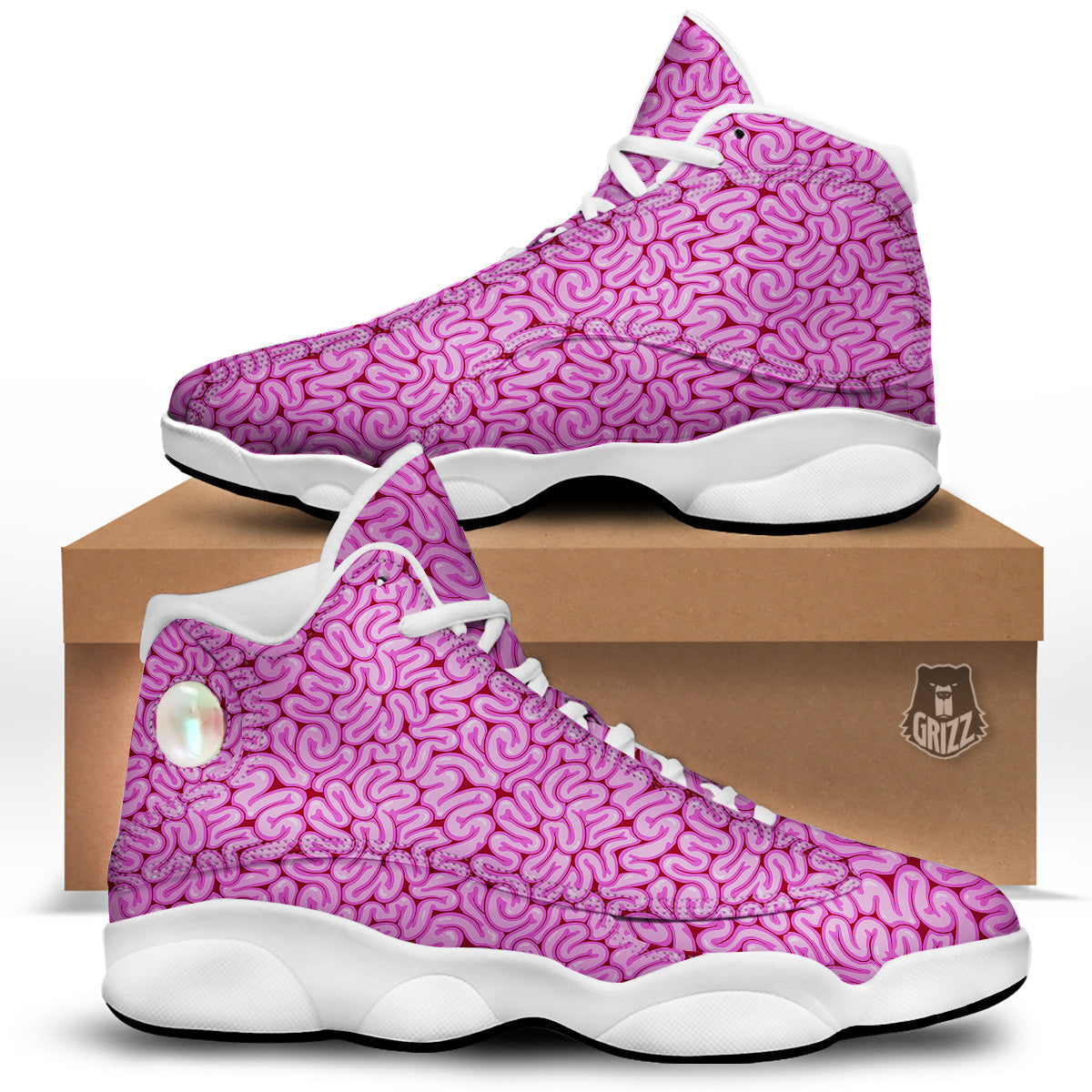 Pink Brains Cartoon Print Pattern White Basketball Shoes-grizzshop