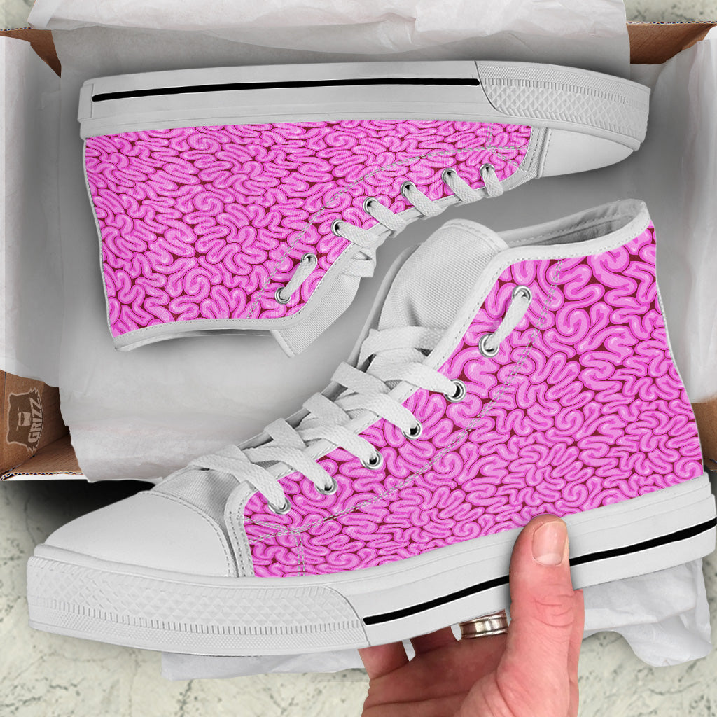 Pink Brains Cartoon Print Pattern White High Top Shoes-grizzshop