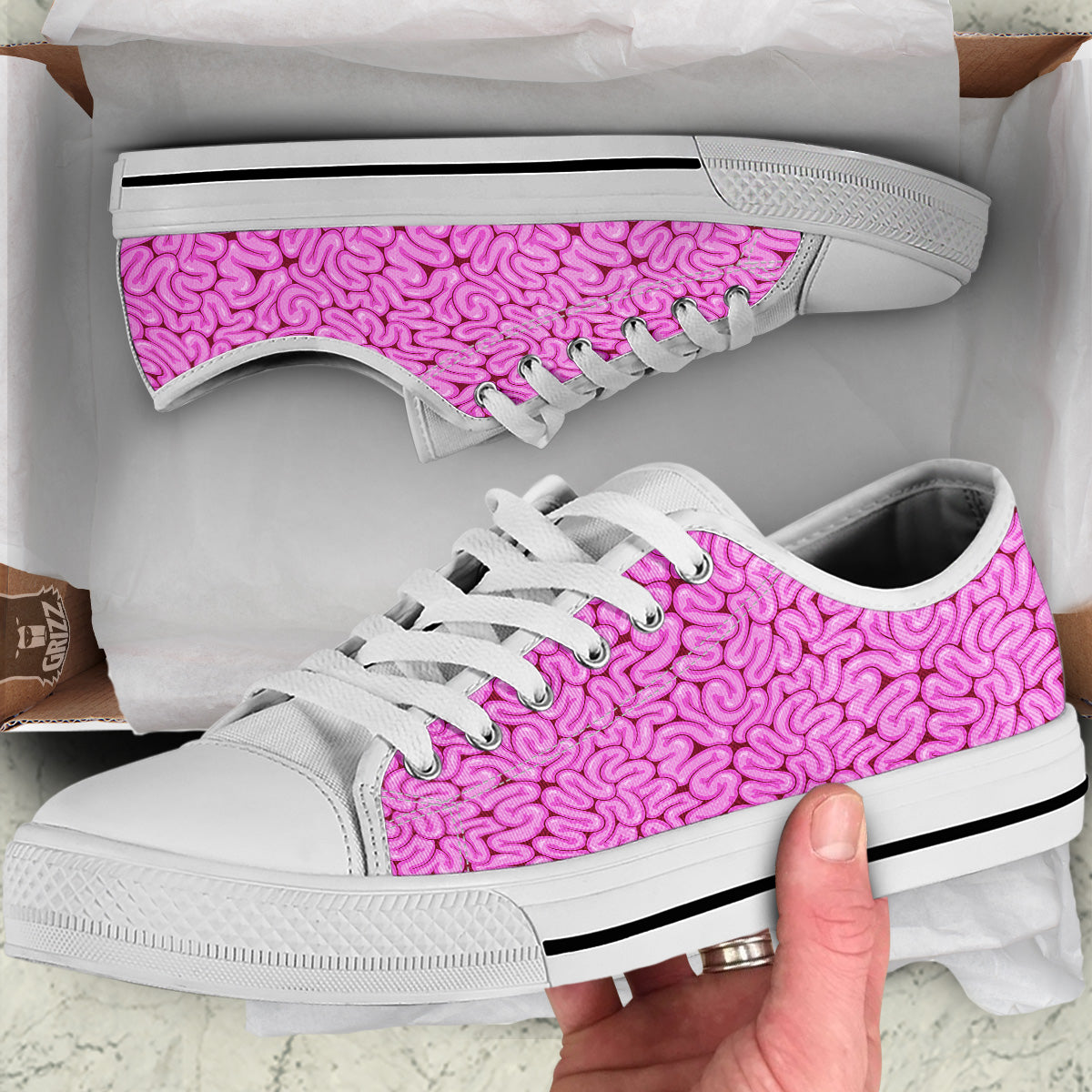 Pink Brains Cartoon Print Pattern White Low Top Shoes-grizzshop