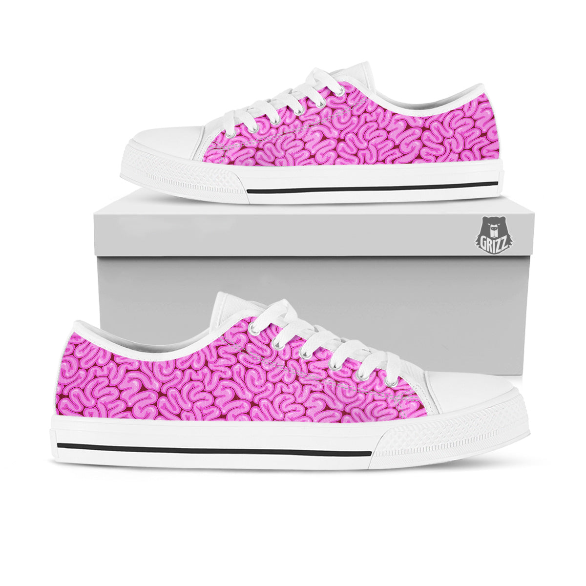 Pink Brains Cartoon Print Pattern White Low Top Shoes-grizzshop
