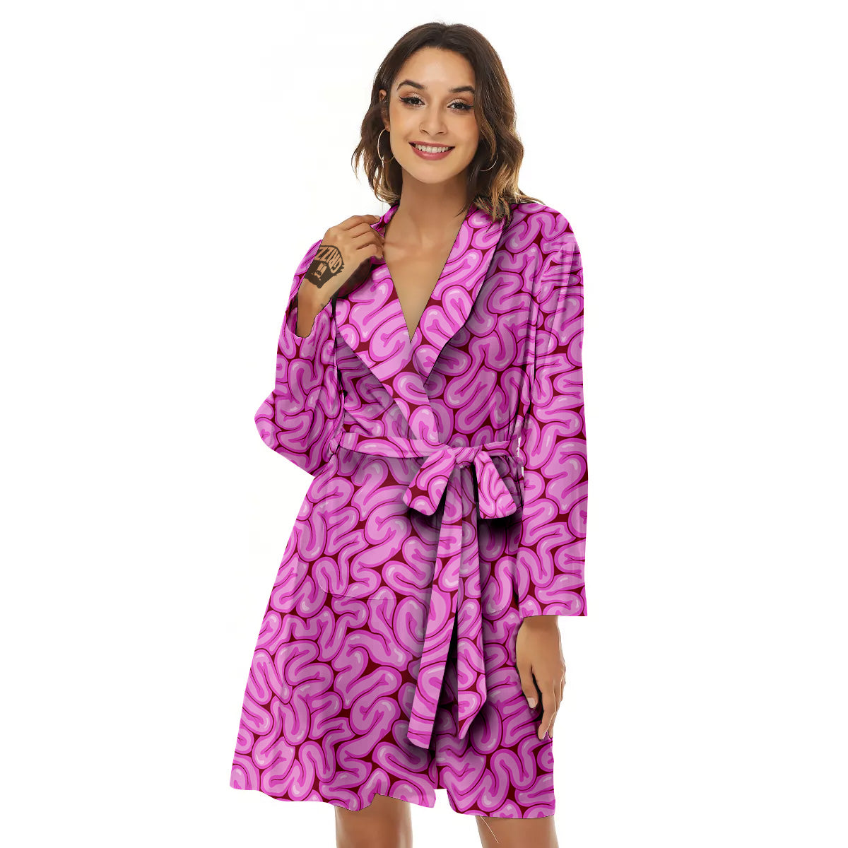 Pink Brains Cartoon Print Pattern Women's Robe-grizzshop