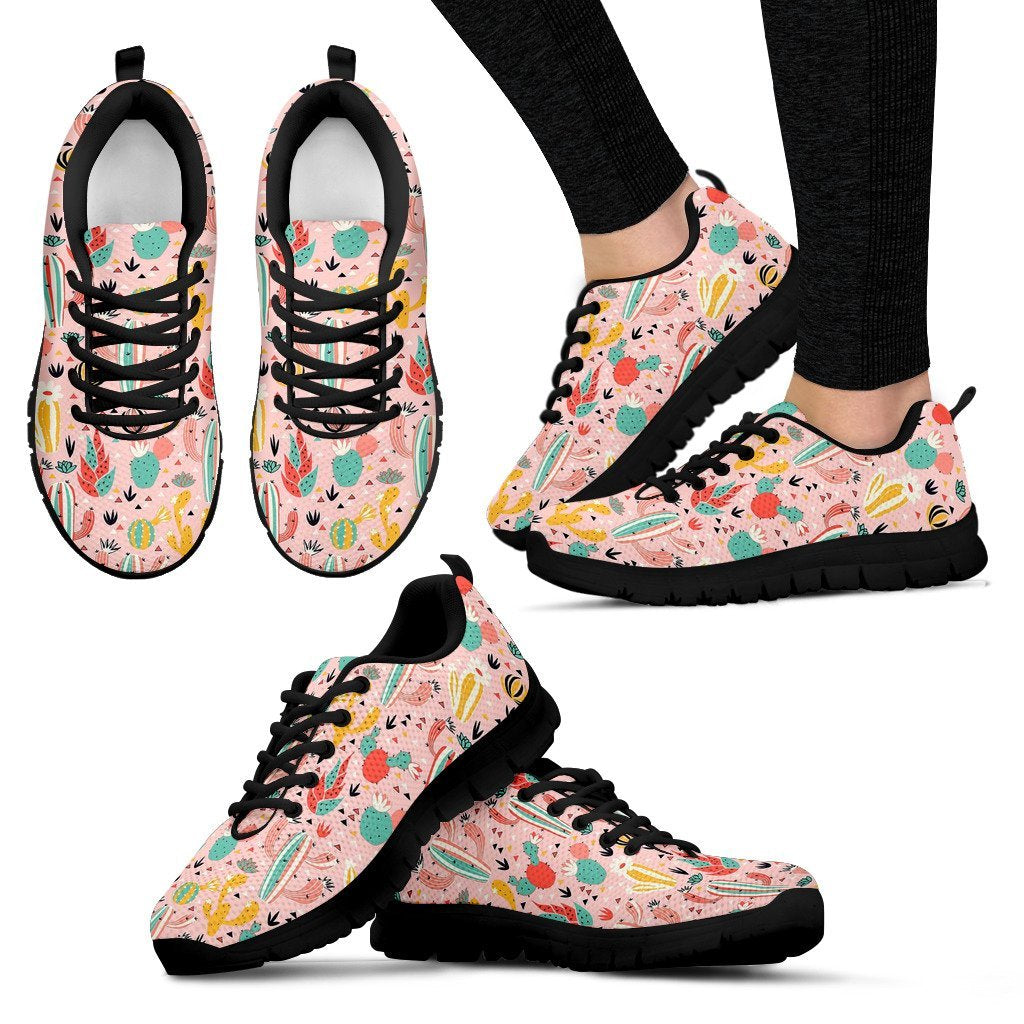 Pink Cactus Pattern Print Black Sneaker Shoes For Men Women-grizzshop