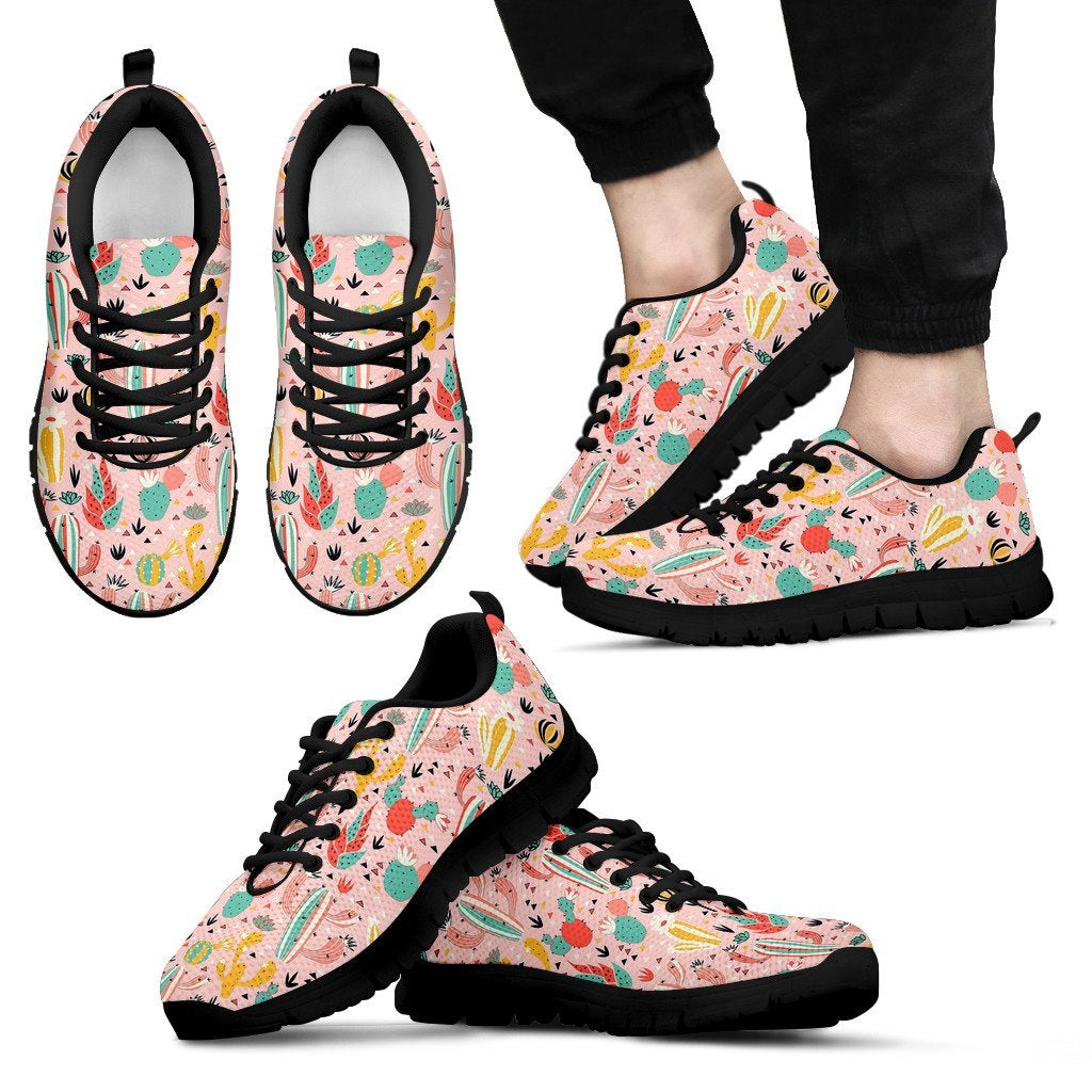 Pink Cactus Pattern Print Black Sneaker Shoes For Men Women-grizzshop