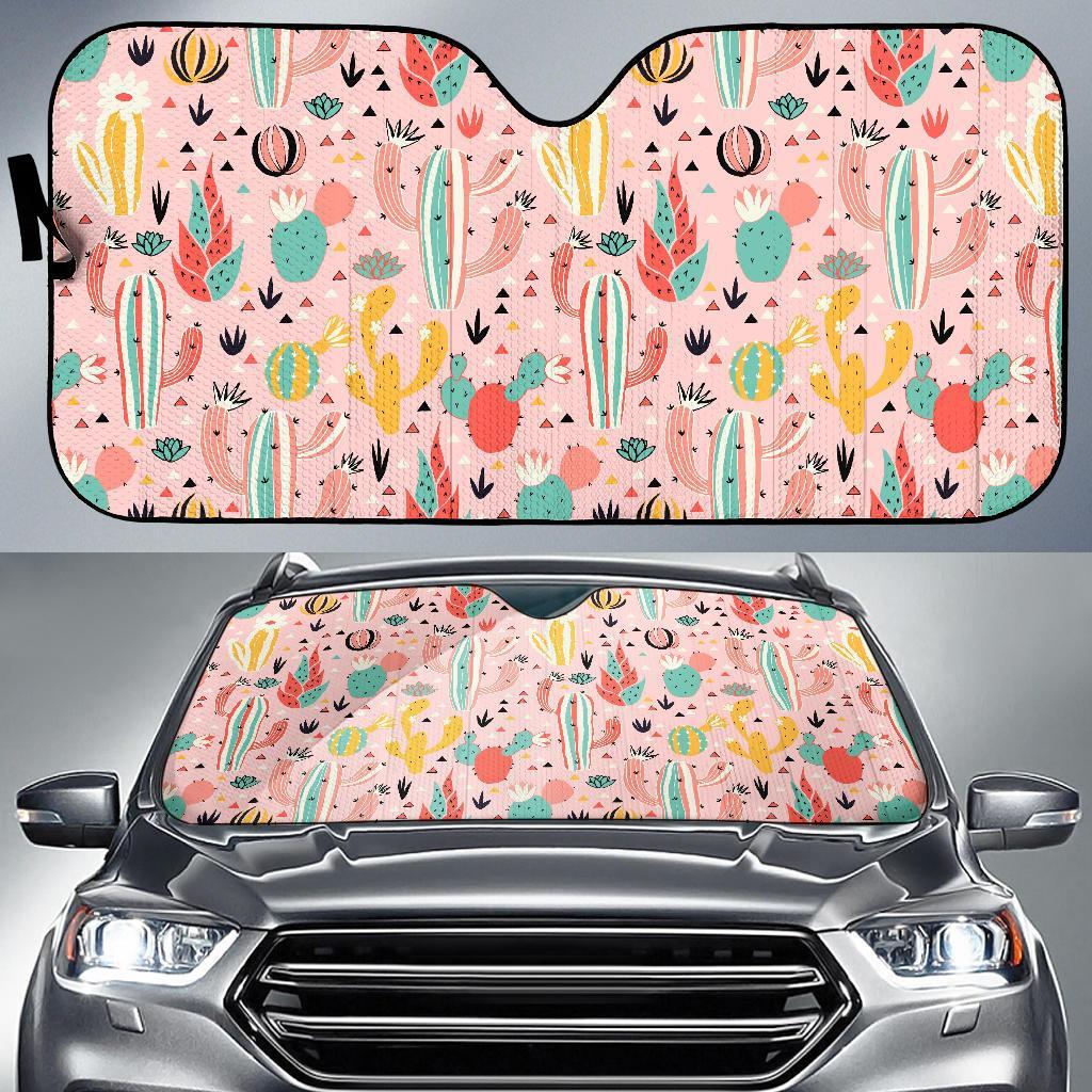 Pink Cactus Pattern Print Car Sun Shade-grizzshop