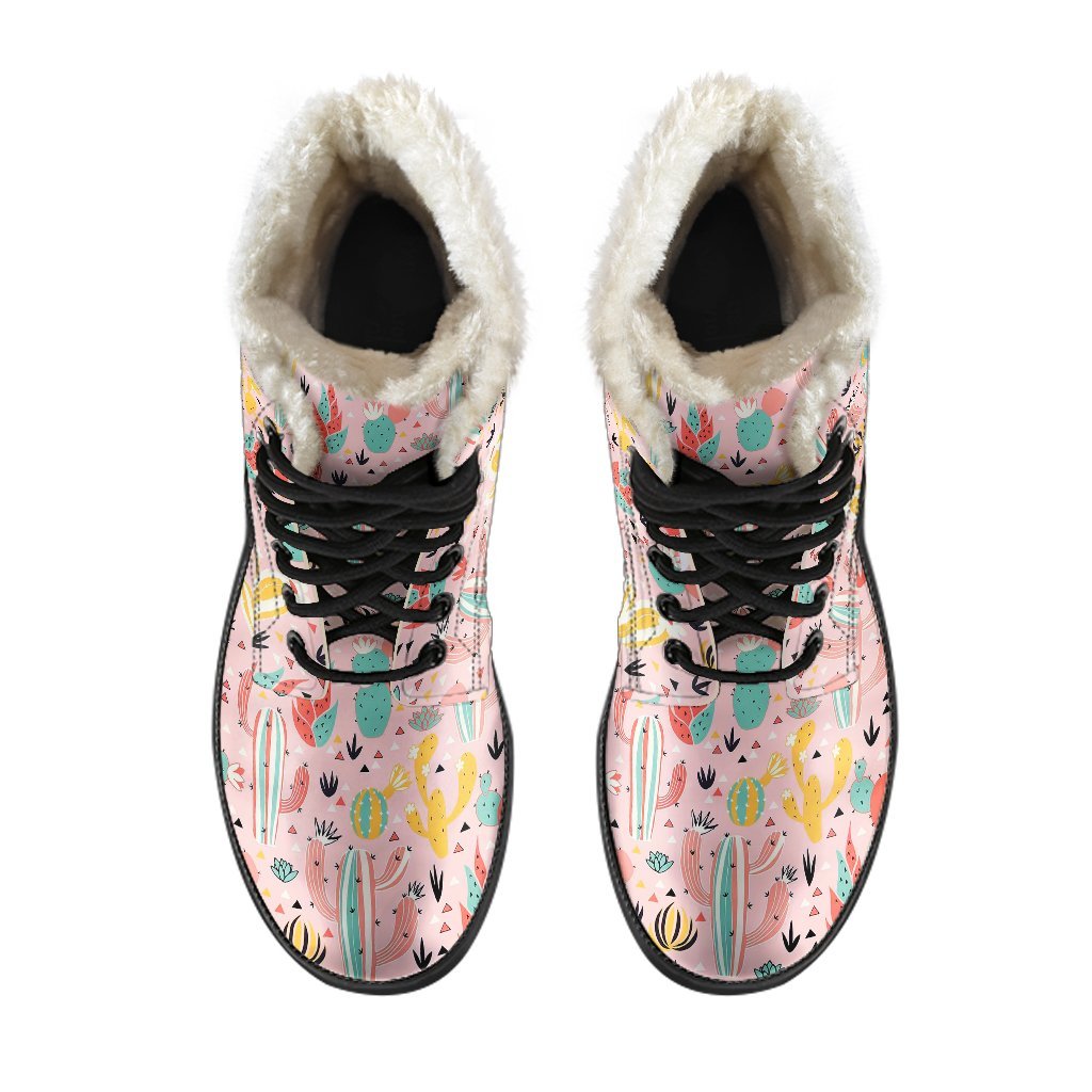 Pink Cactus Pattern Print Comfy Winter Boots-grizzshop