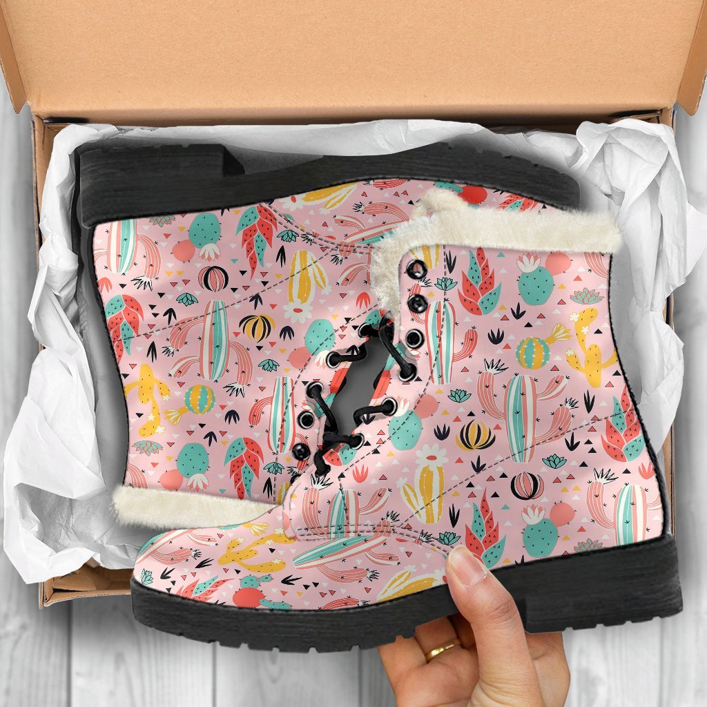 Pink Cactus Pattern Print Comfy Winter Boots-grizzshop
