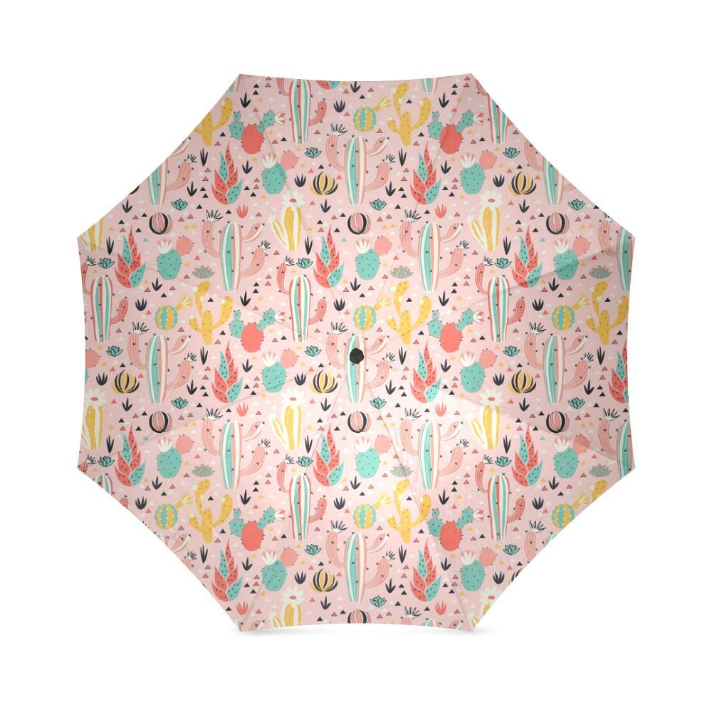 Pink Cactus Pattern Print Foldable Umbrella-grizzshop