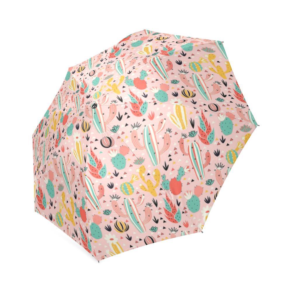 Pink Cactus Pattern Print Foldable Umbrella-grizzshop