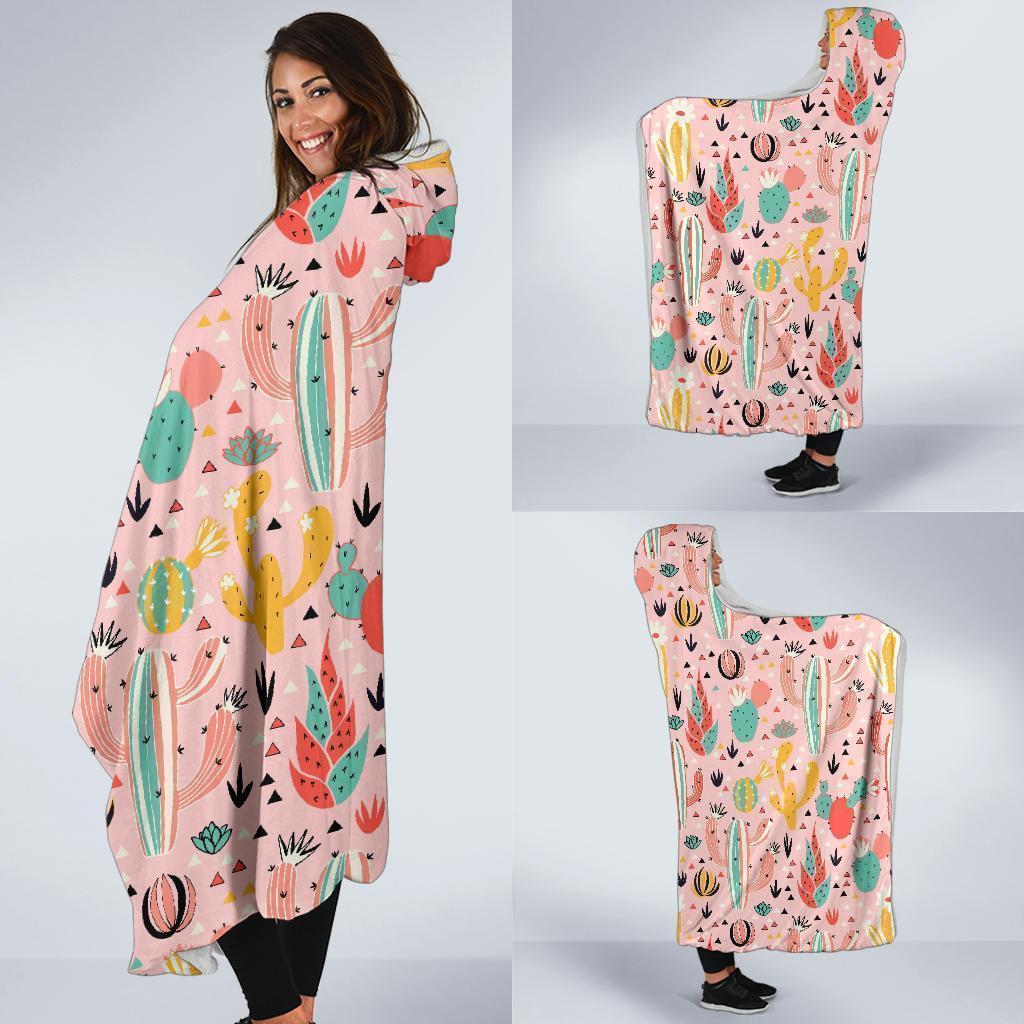 Pink Cactus Pattern Print Hooded Blanket-grizzshop