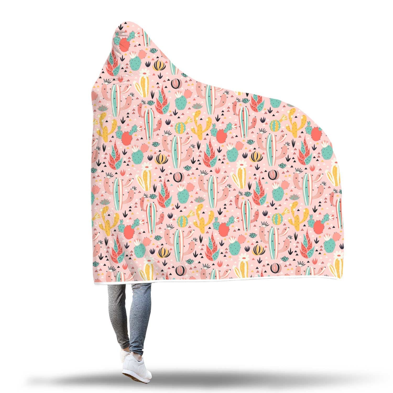 Pink Cactus Pattern Print Hooded Blanket-grizzshop