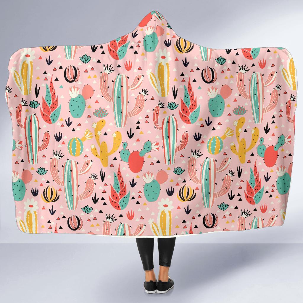 Pink Cactus Pattern Print Hooded Blanket-grizzshop