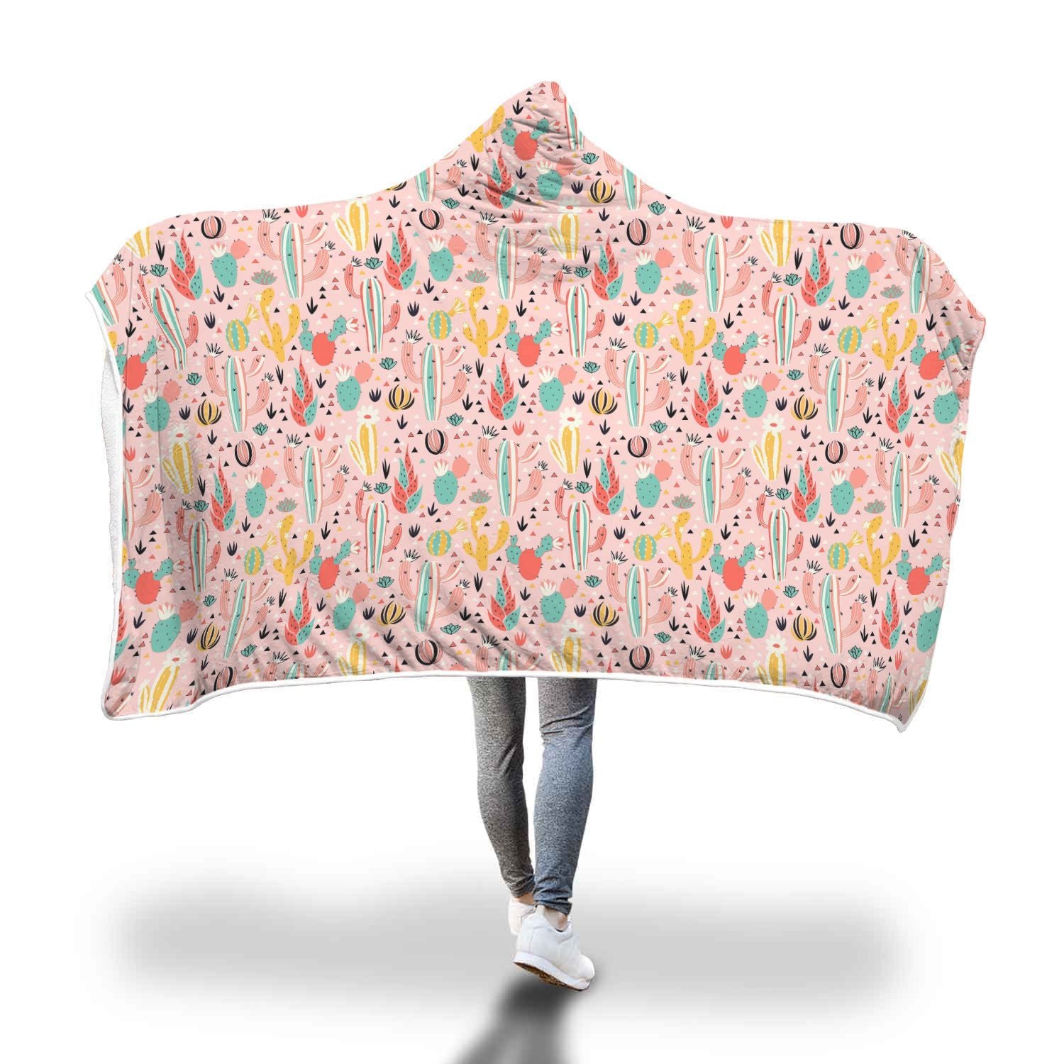 Pink Cactus Pattern Print Hooded Blanket-grizzshop