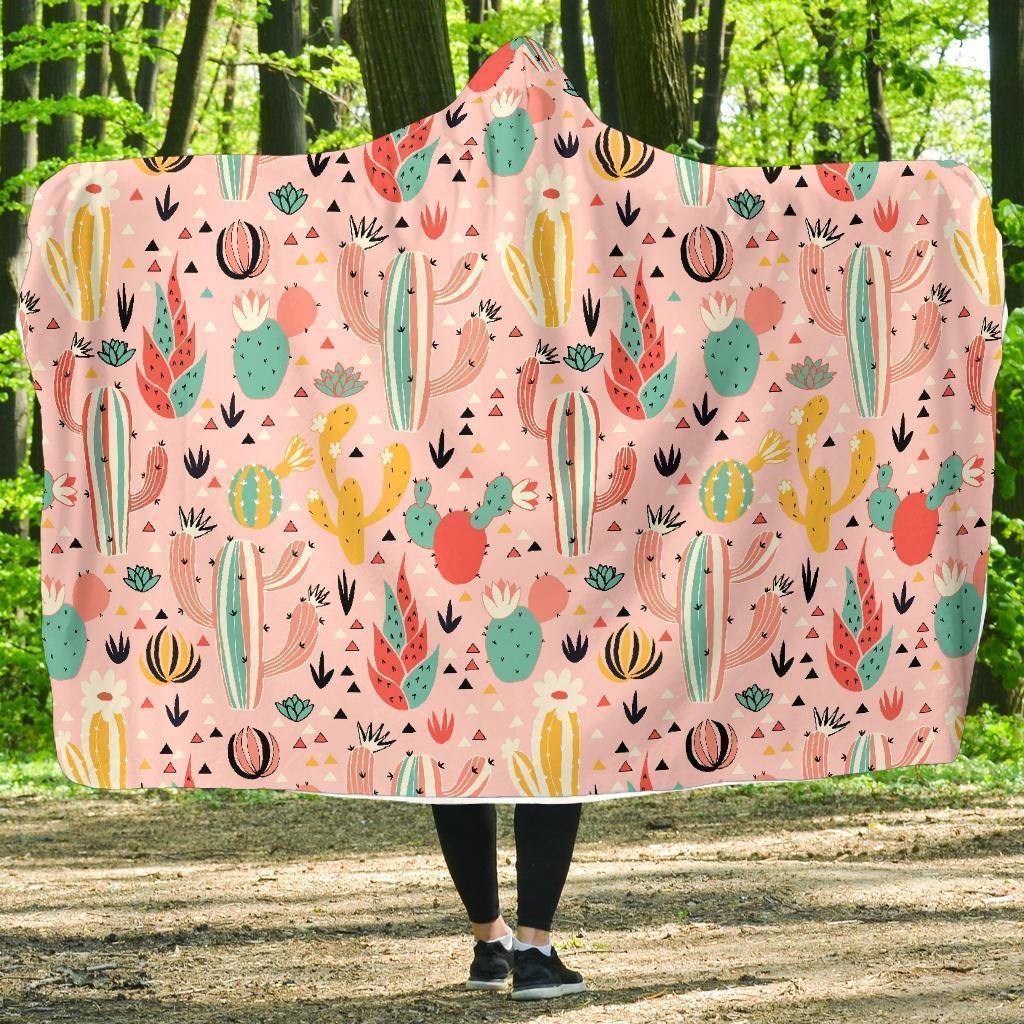 Pink Cactus Pattern Print Hooded Blanket-grizzshop