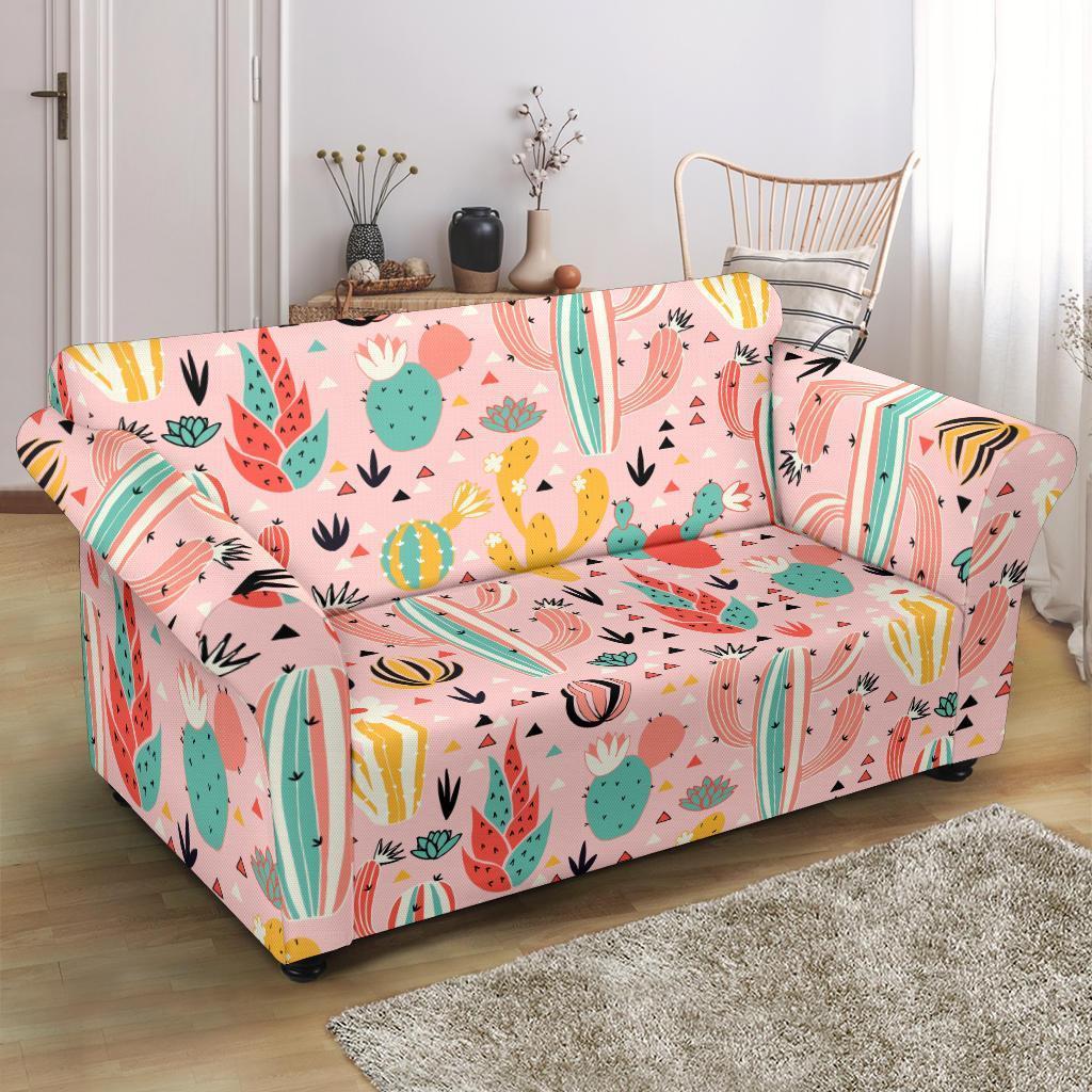 Pink Cactus Pattern Print Loveseat Cover-grizzshop