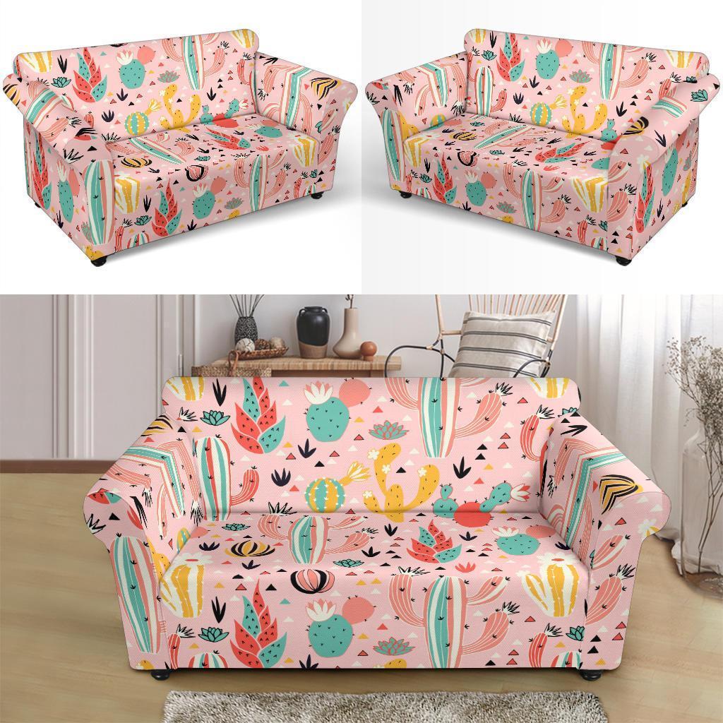 Pink Cactus Pattern Print Loveseat Cover-grizzshop