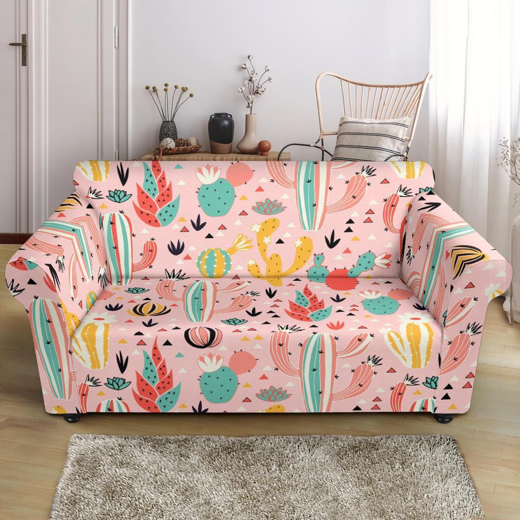 Pink Cactus Pattern Print Loveseat Cover-grizzshop