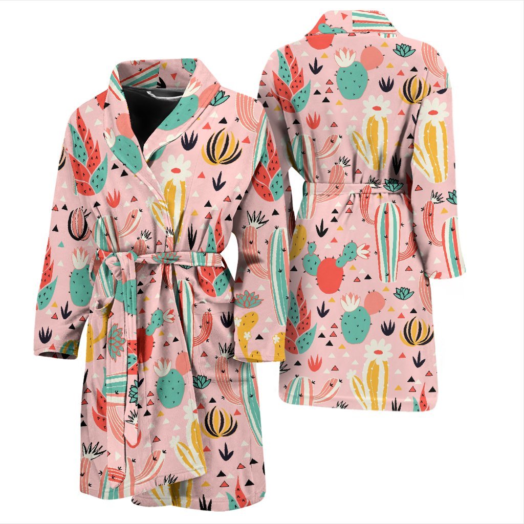 Pink Cactus Pattern Print Men Long Robe-grizzshop