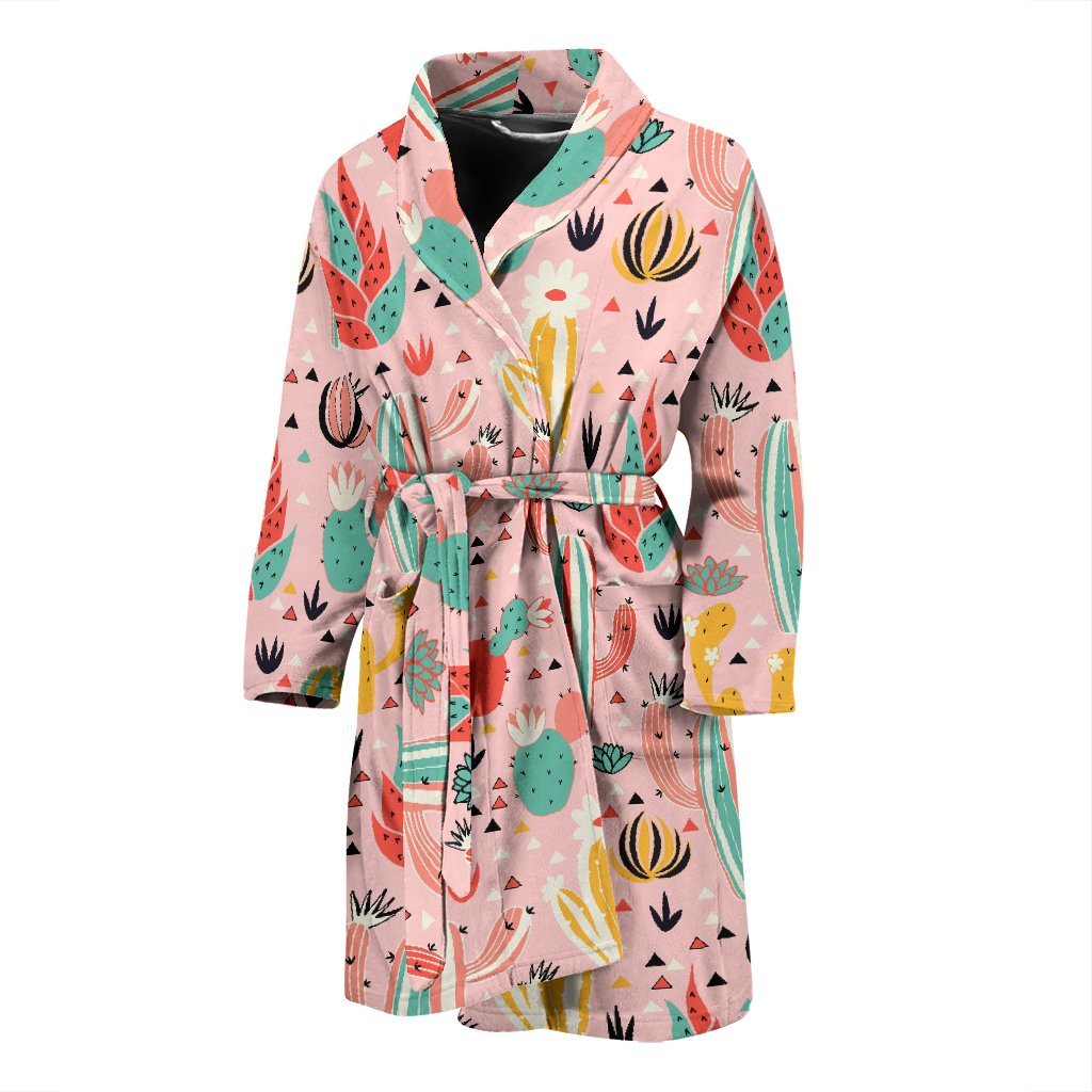 Pink Cactus Pattern Print Men Long Robe-grizzshop