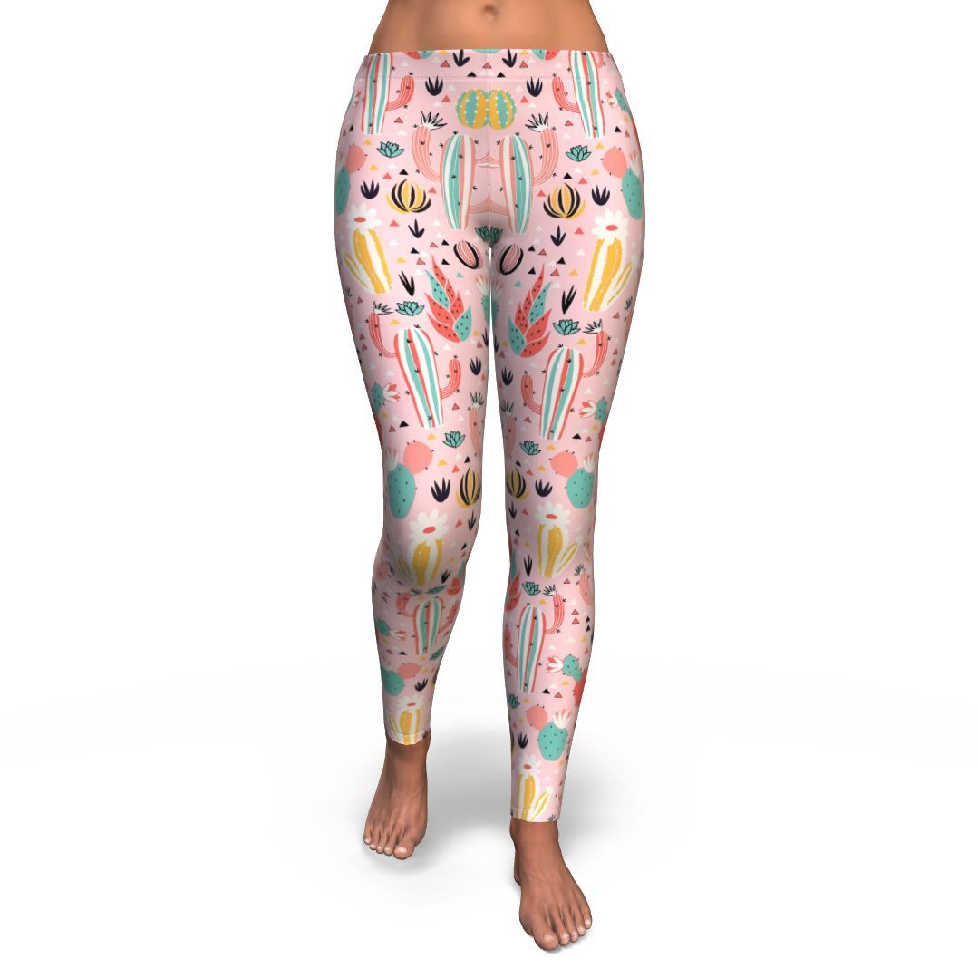 Pink Cactus Pattern Print Pattern Women Leggings-grizzshop