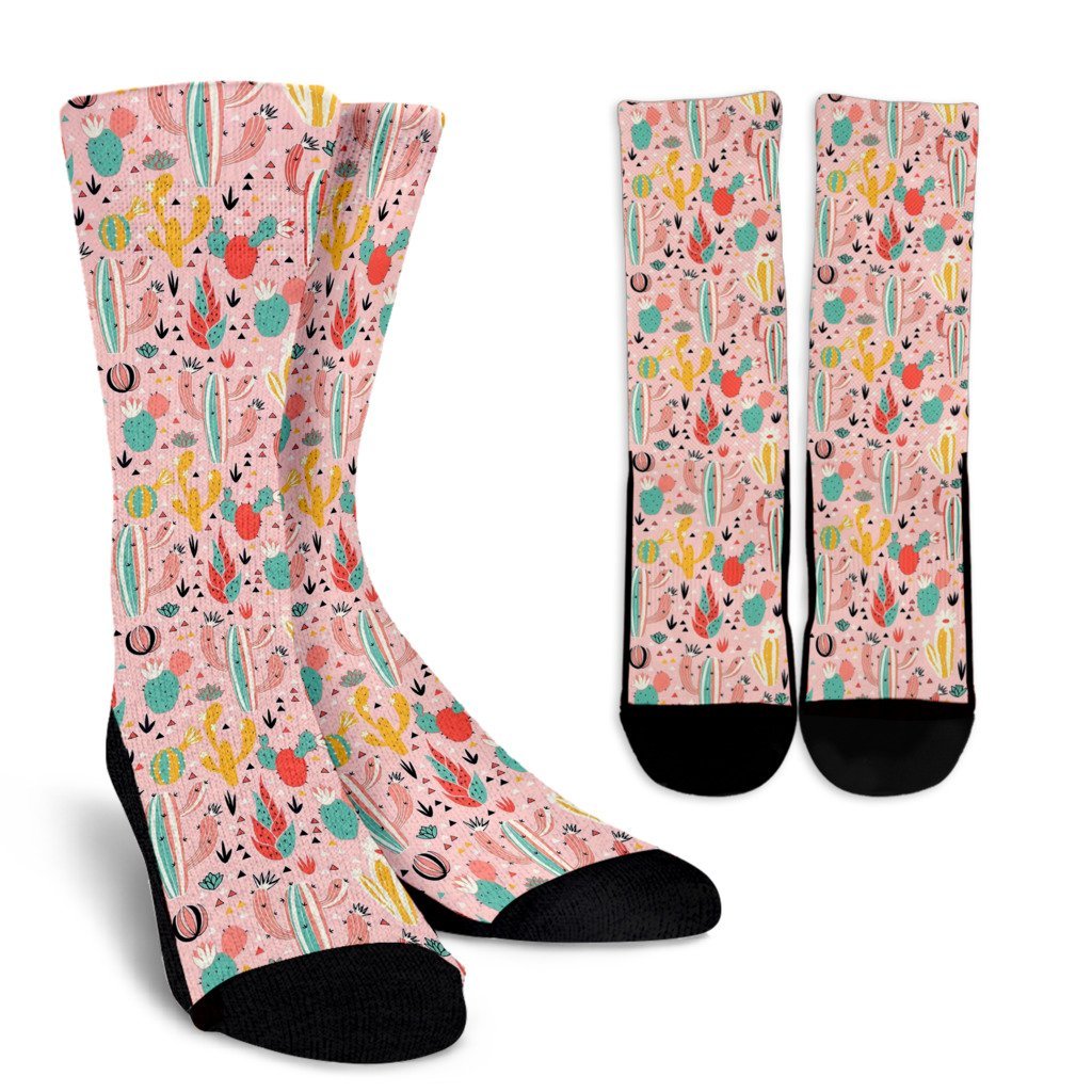 Pink Cactus Pattern Print Unisex Crew Socks-grizzshop