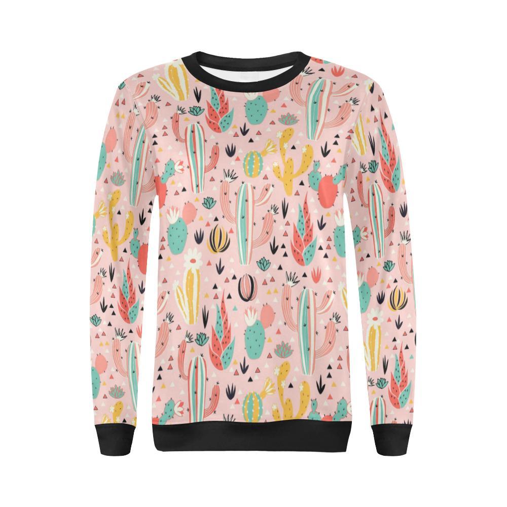 Pink Cactus Pattern Print Women Crewneck Sweatshirt-grizzshop