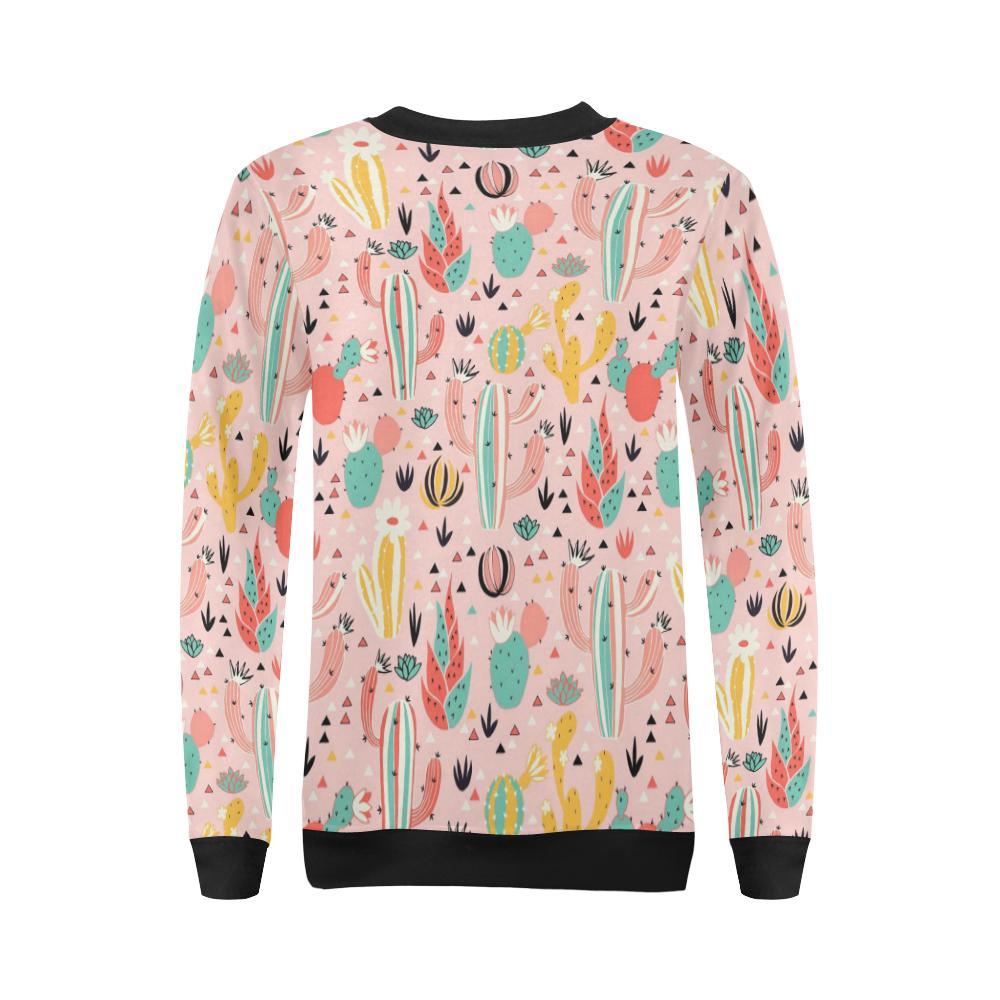 Pink Cactus Pattern Print Women Crewneck Sweatshirt-grizzshop