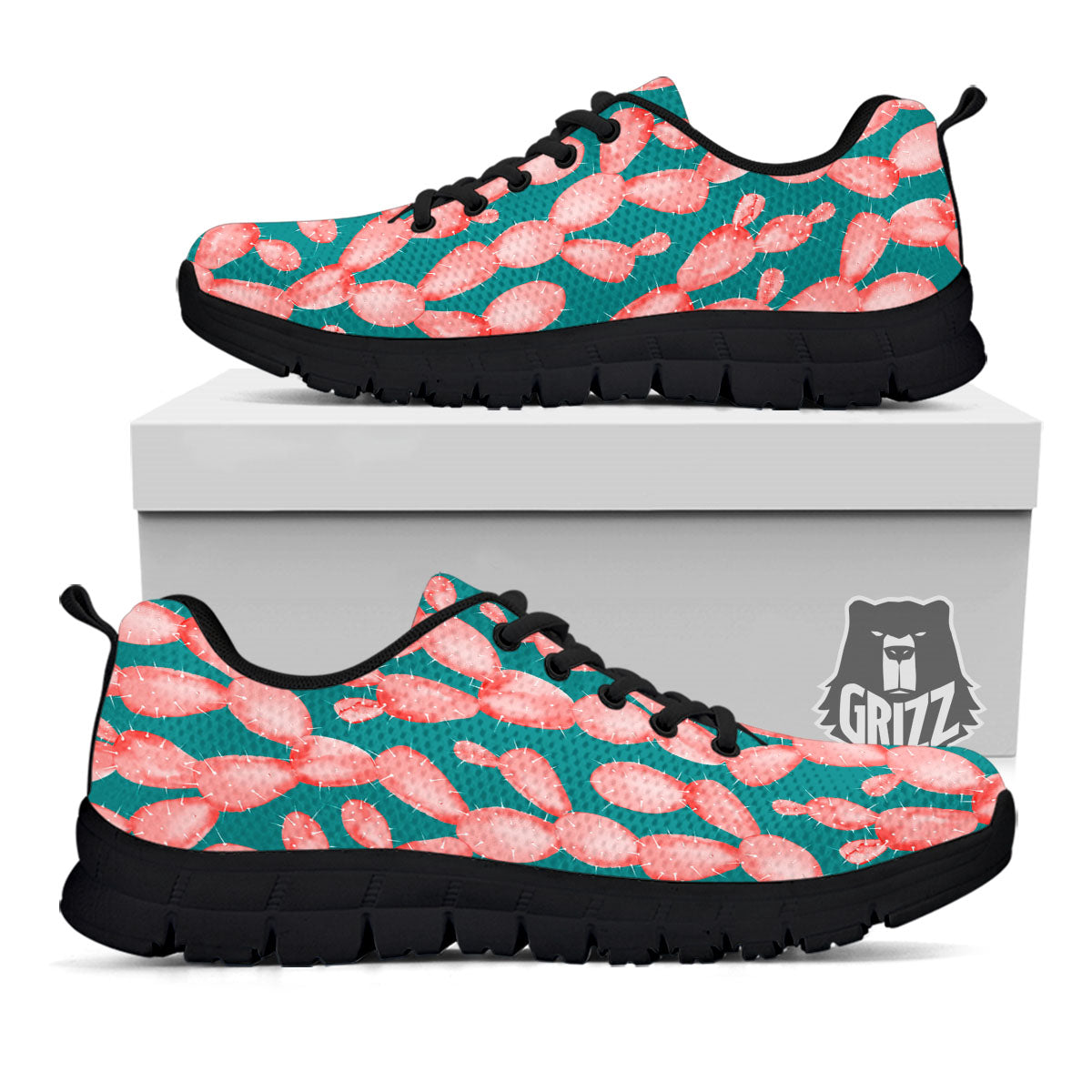 Pink Cactus Print Pattern Black Sneaker-grizzshop