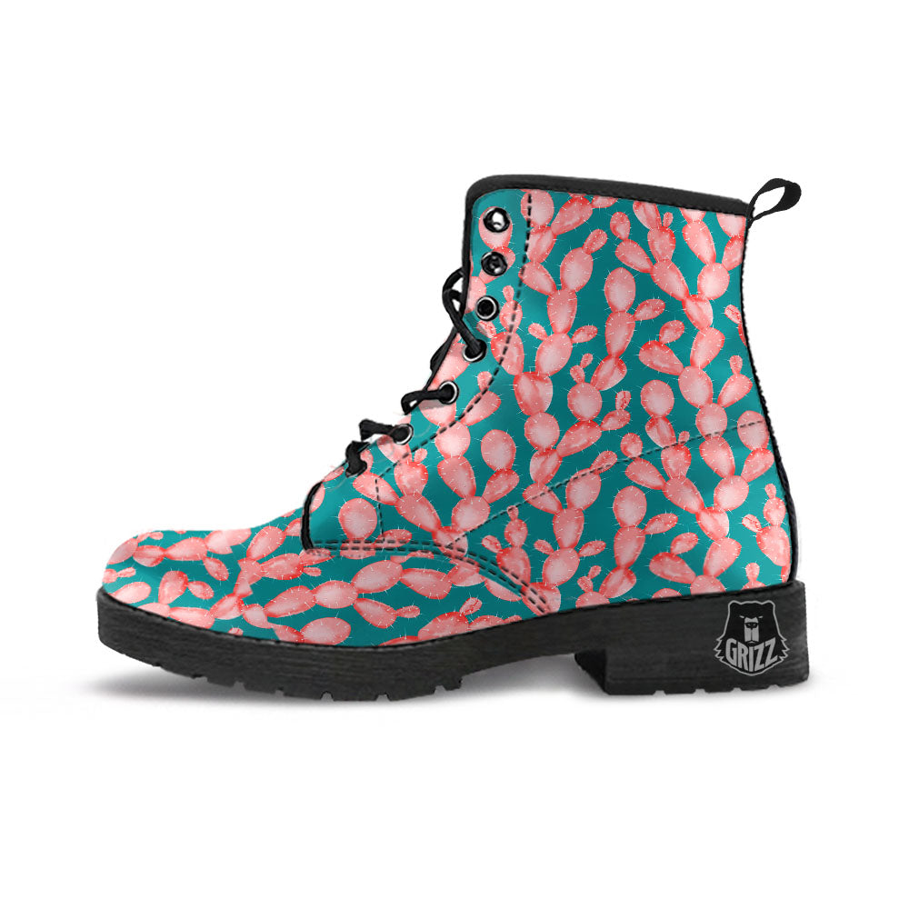 Pink Cactus Print Pattern Leather Boots-grizzshop