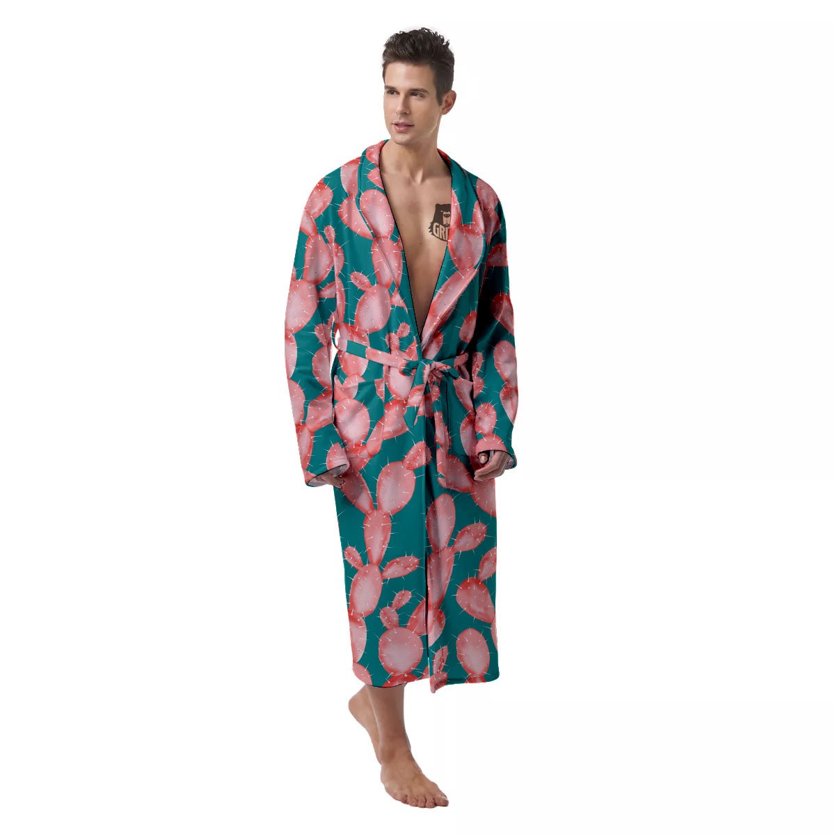 Pink Cactus Print Pattern Men's Robe-grizzshop