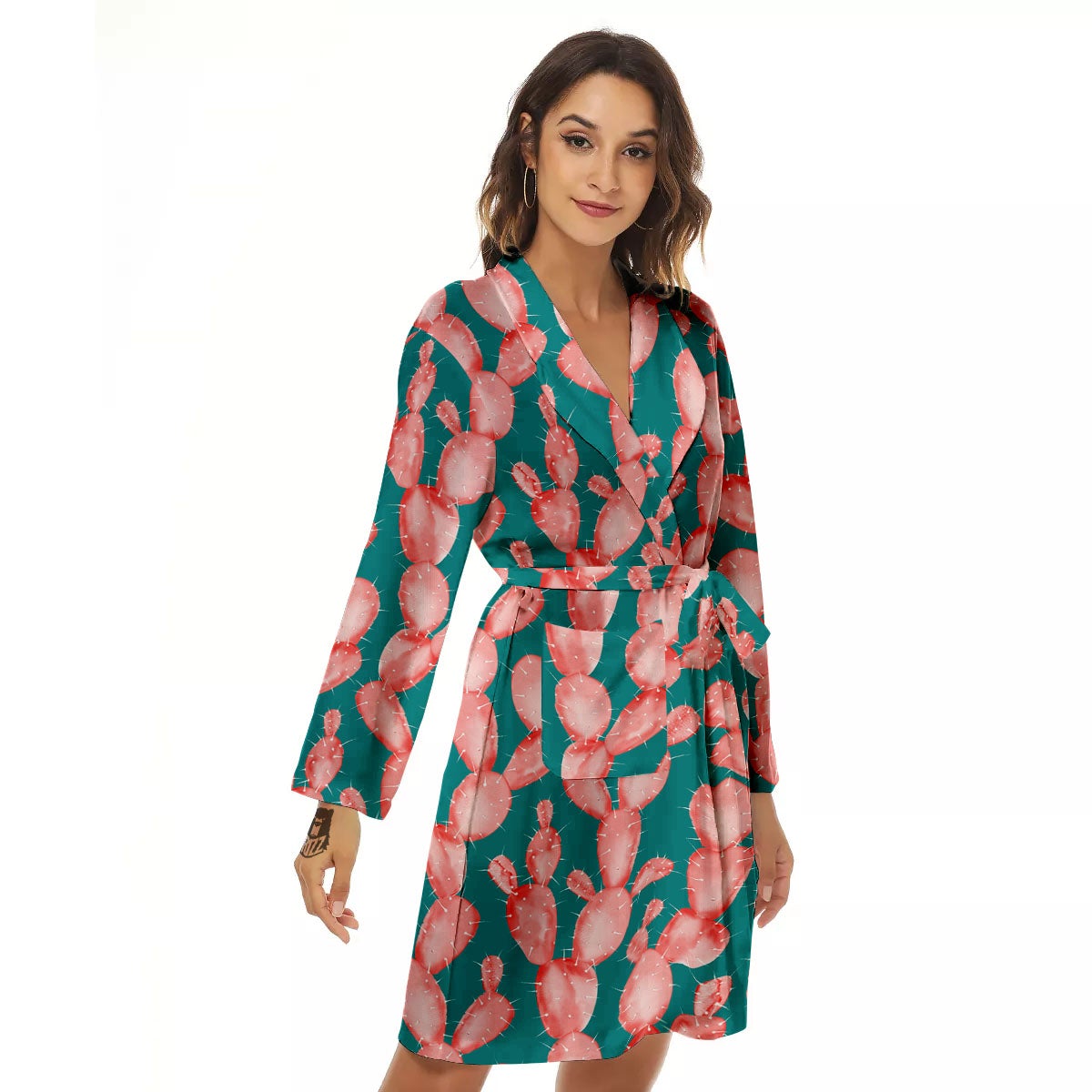 Pink Cactus Print Pattern Women's Robe-grizzshop