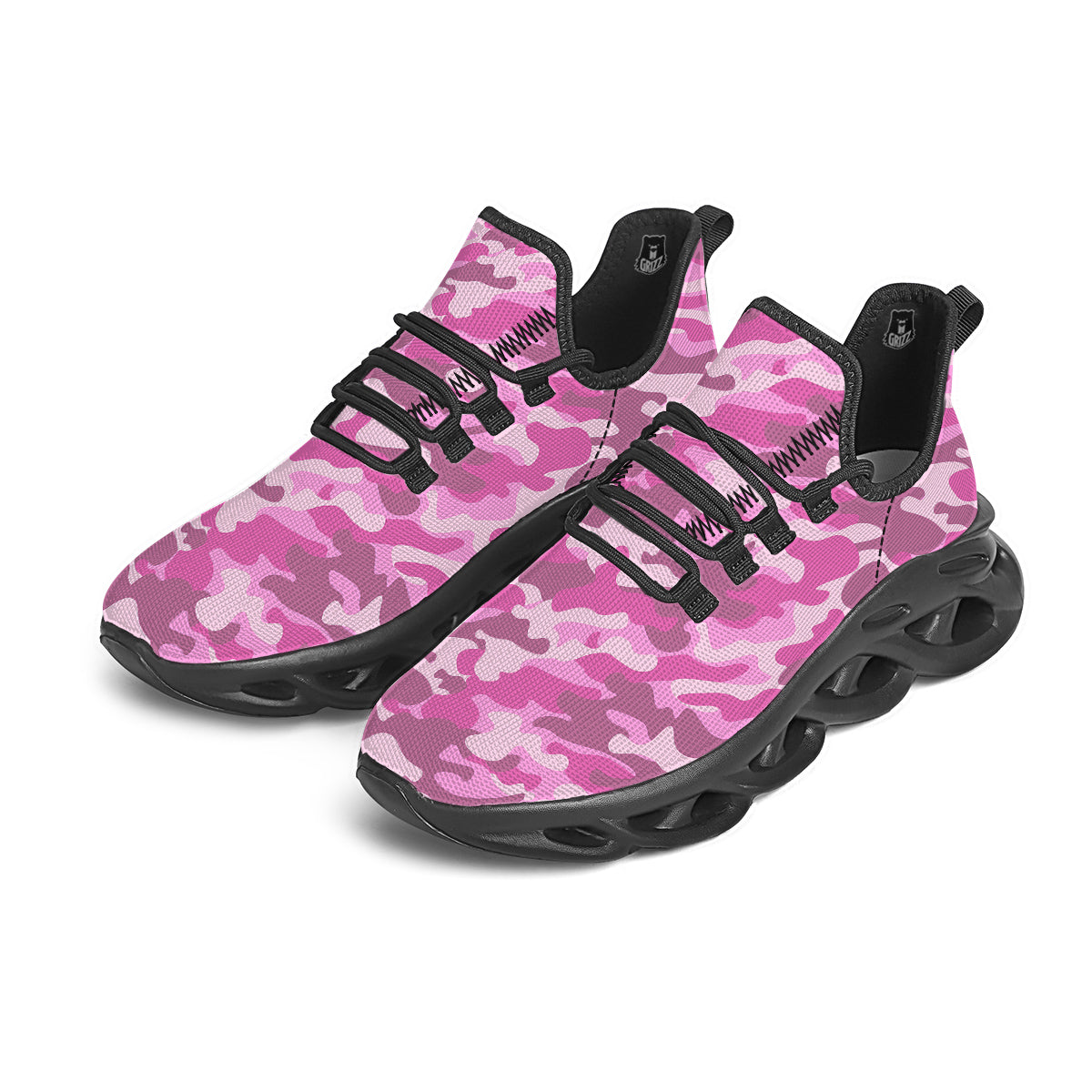 Pink Camo And Camouflage Print Black Running Shoes-grizzshop