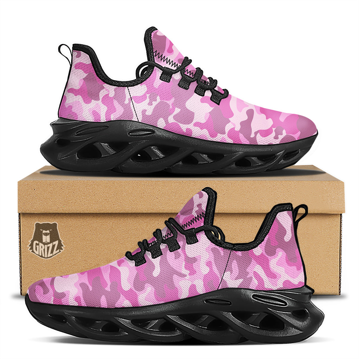 Pink Camo And Camouflage Print Black Running Shoes-grizzshop