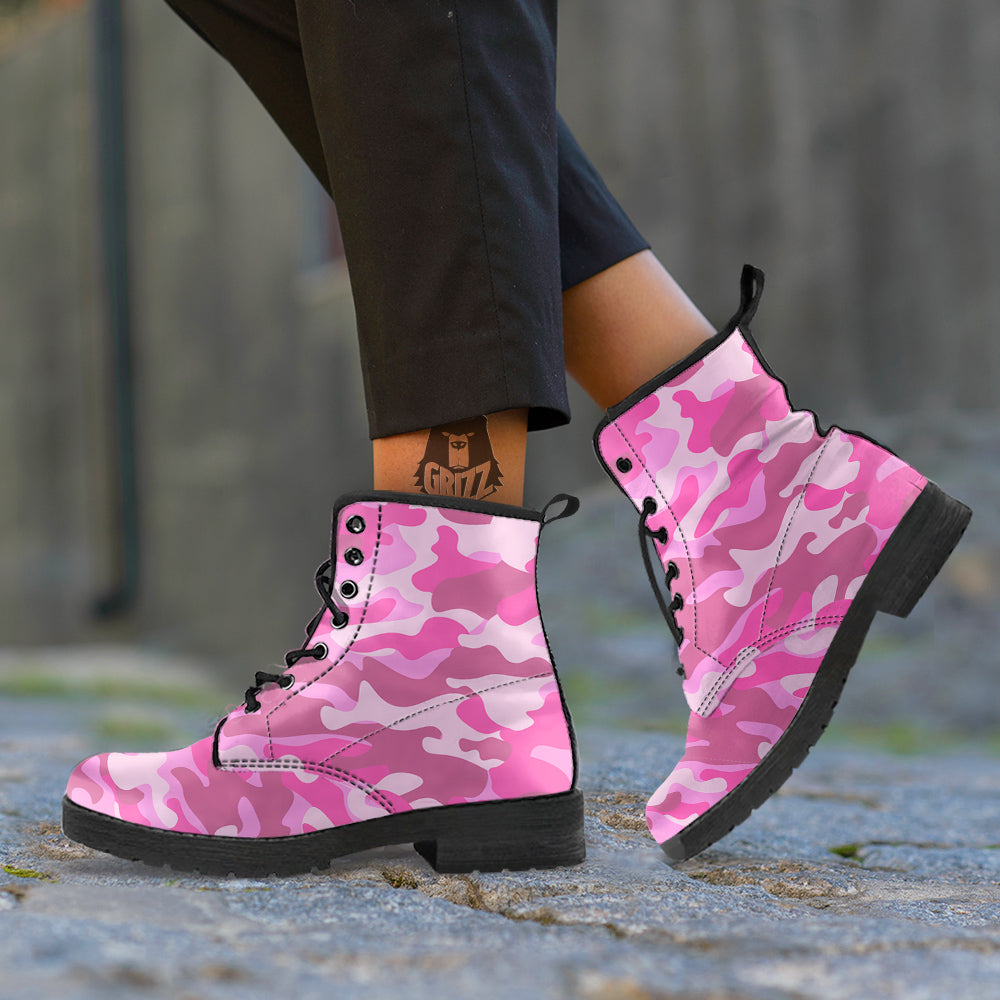 Pink Camo And Camouflage Print Leather Boots-grizzshop