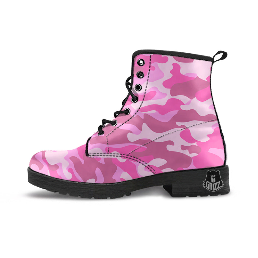 Pink Camo And Camouflage Print Leather Boots-grizzshop