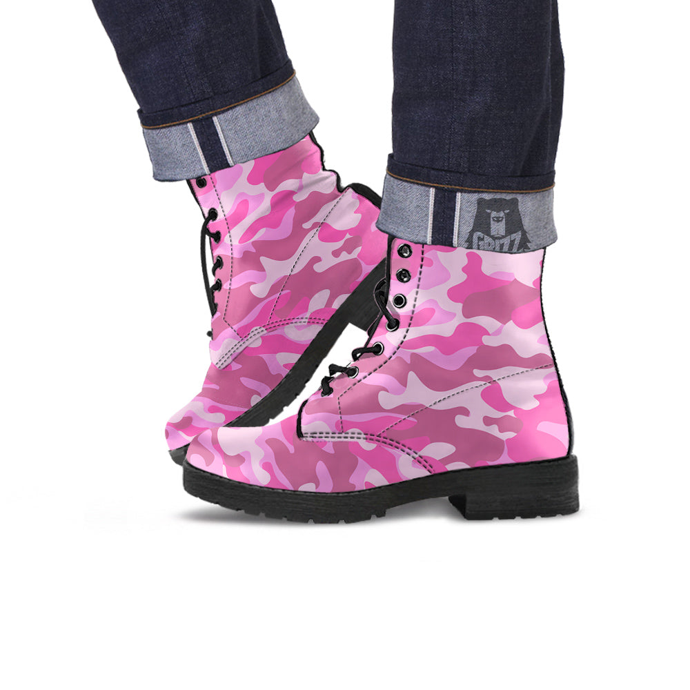 Pink Camo And Camouflage Print Leather Boots-grizzshop