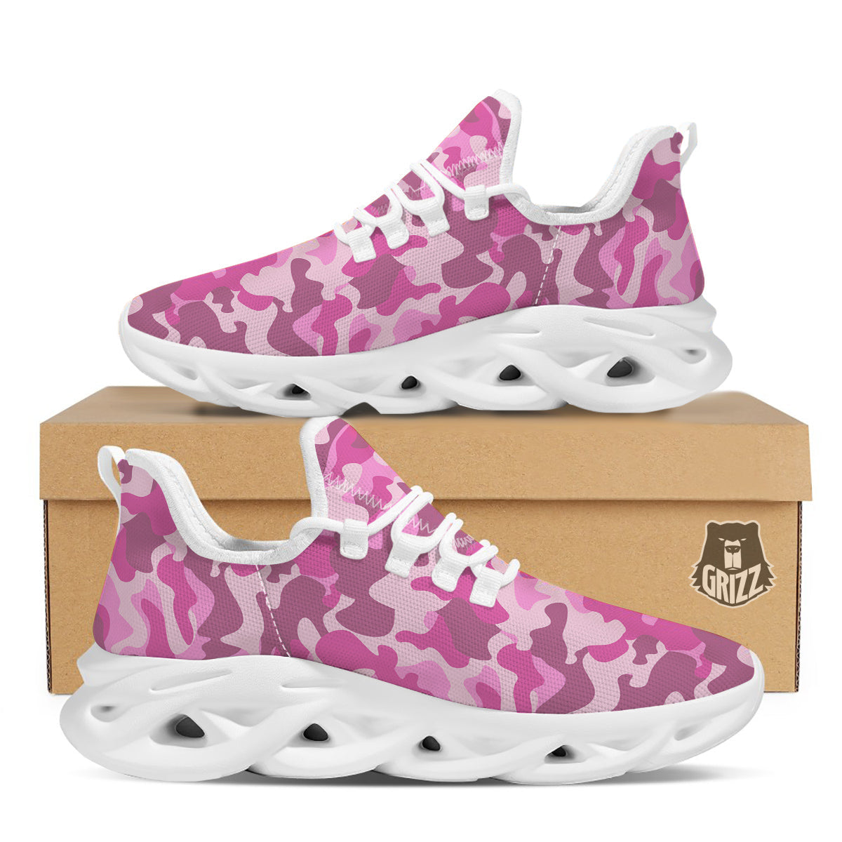 Pink Camo And Camouflage Print White Running Shoes-grizzshop