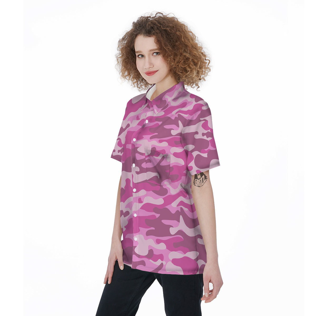 Pink Camo And Camouflage Print Women's Short Sleeve Shirts-grizzshop