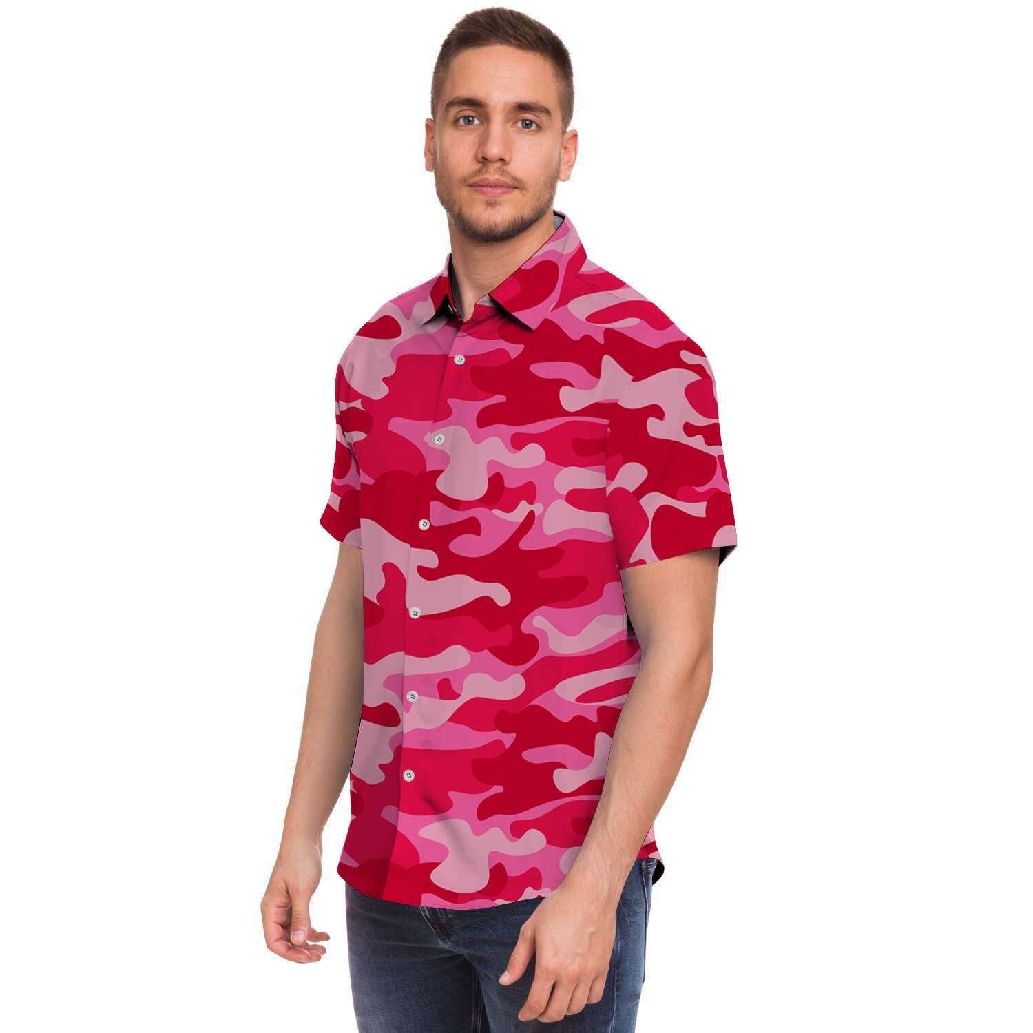 Pink Camo Print Men's Short Sleeve Shirt-grizzshop
