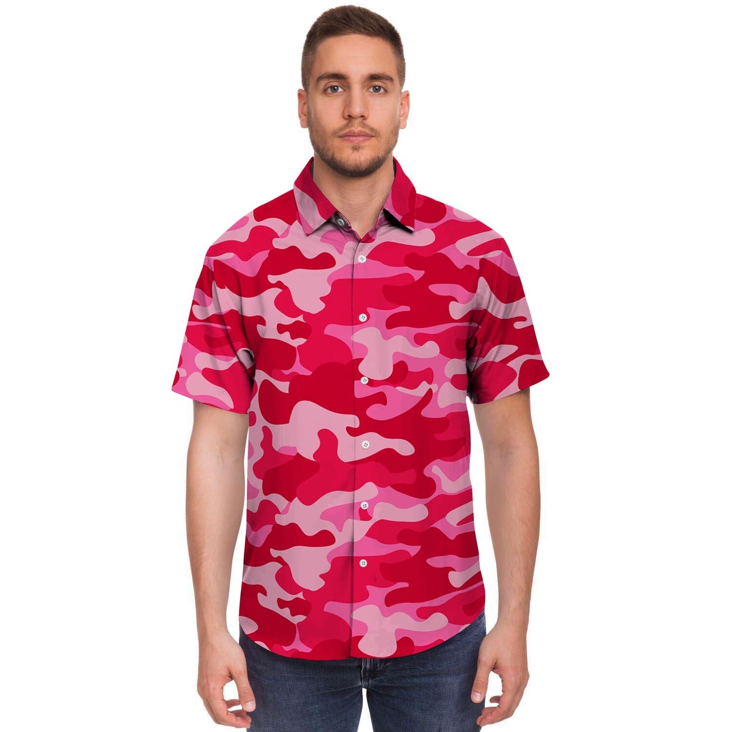 Pink Camo Print Men's Short Sleeve Shirt-grizzshop