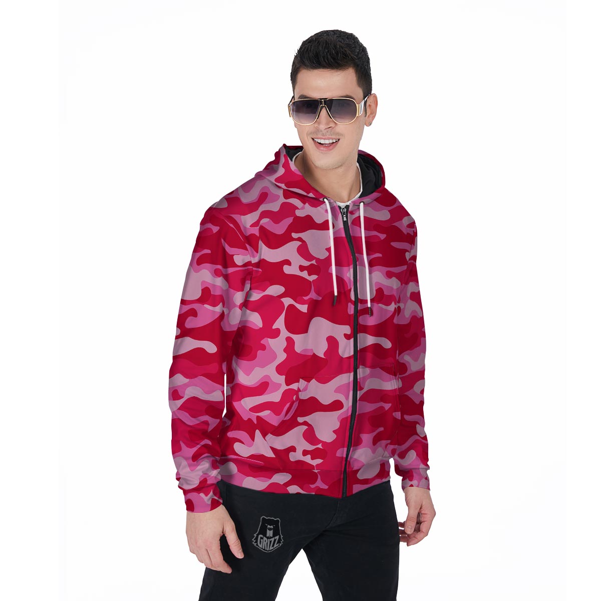 Pink Camo Print Men's Zip Up Hoodie-grizzshop