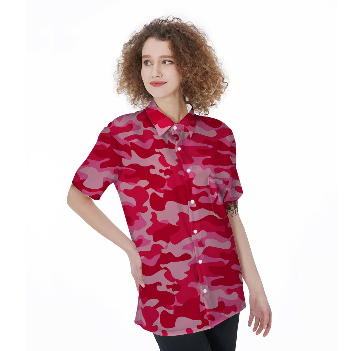 Pink Camo Print Women's Short Sleeve Shirts-grizzshop