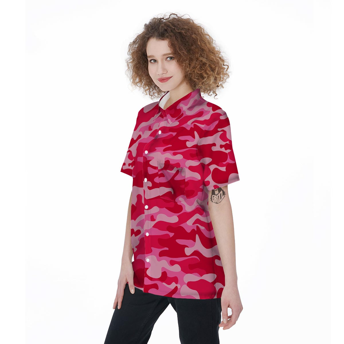 Pink Camo Print Women's Short Sleeve Shirts-grizzshop