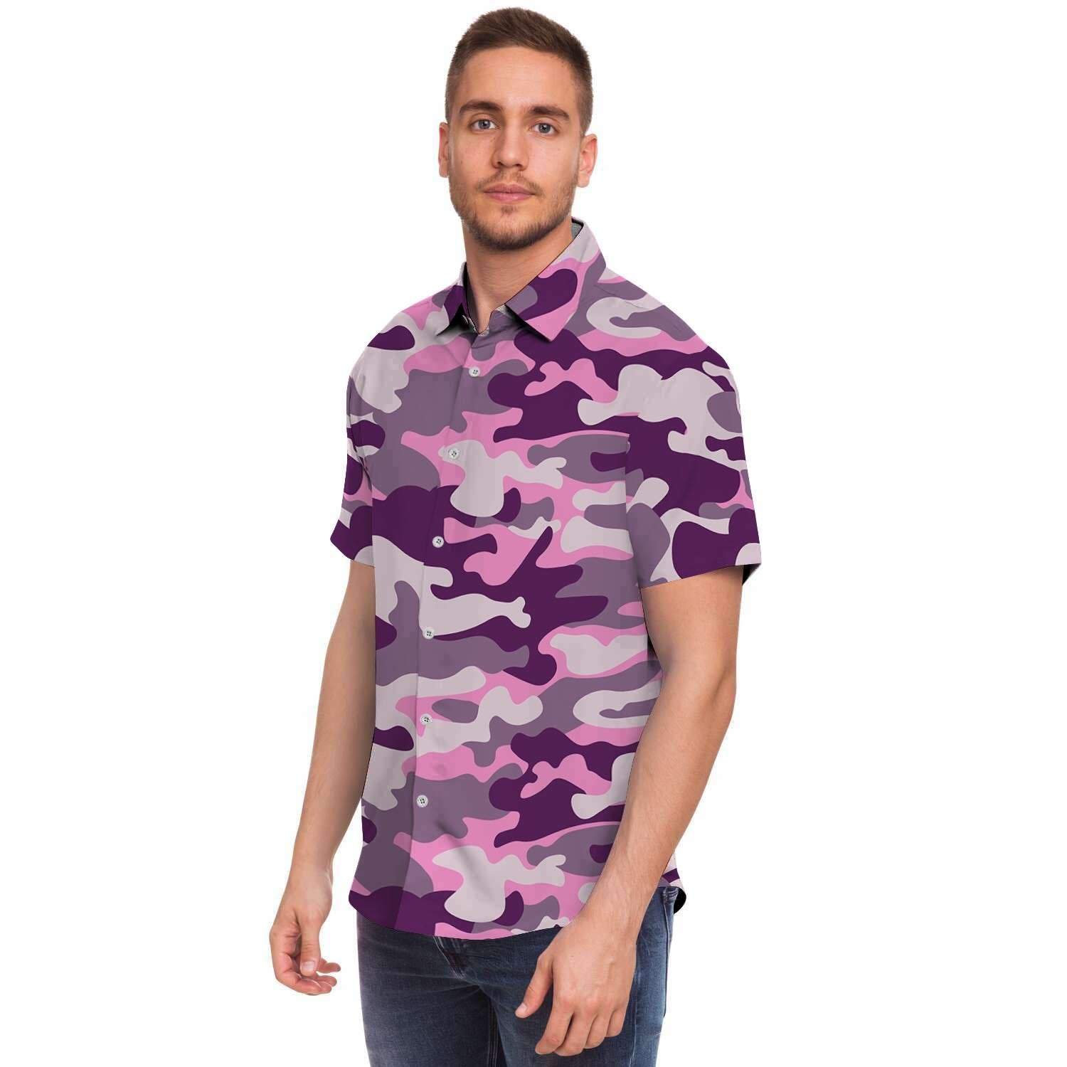 Pink Camouflage Print Men's Short Sleeve Shirt-grizzshop