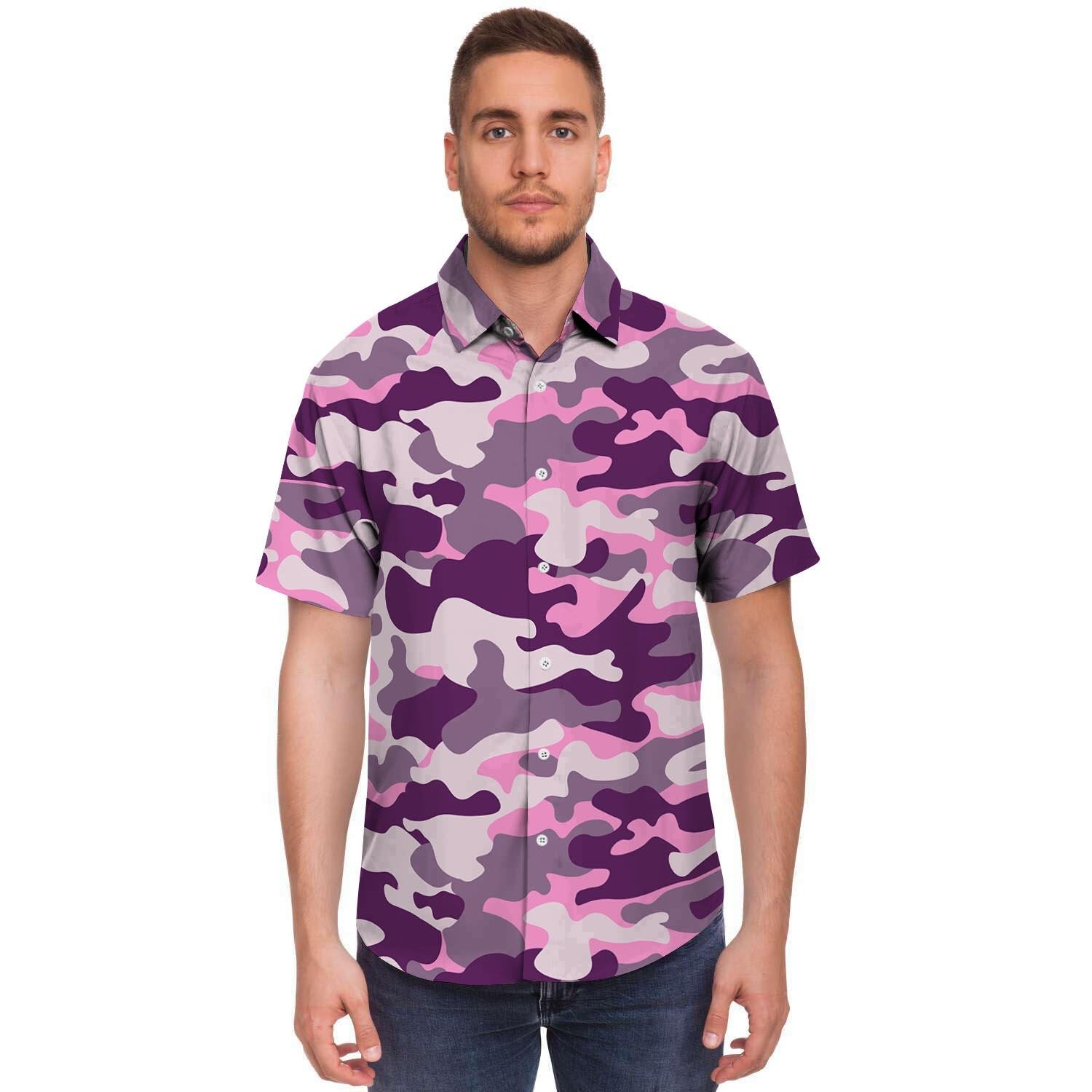 Pink Camouflage Print Men's Short Sleeve Shirt-grizzshop