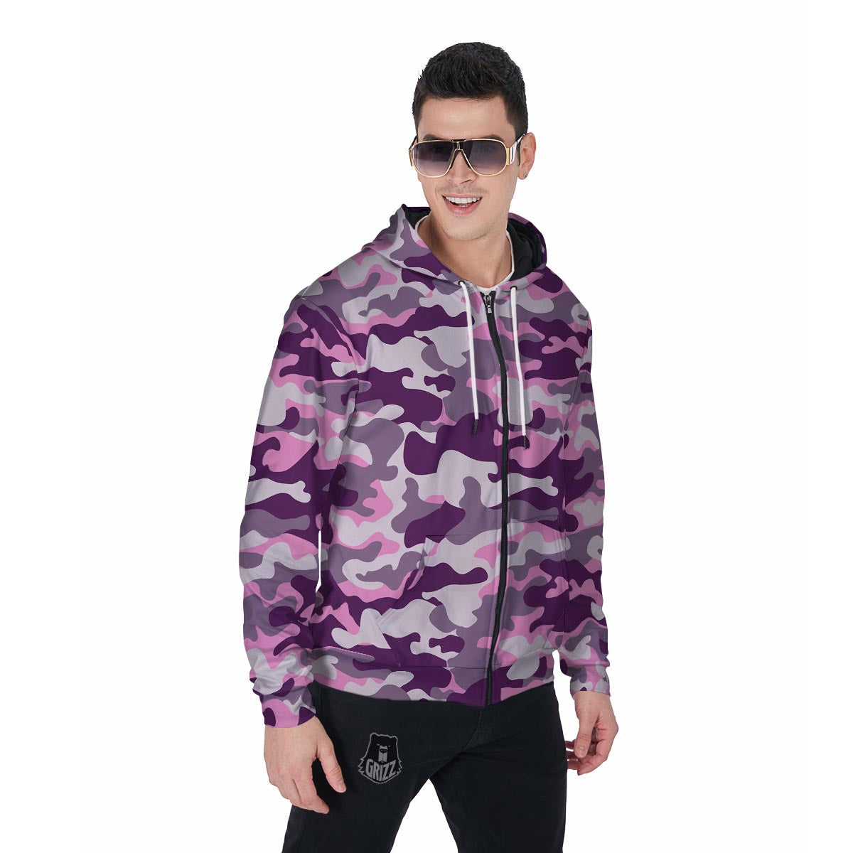 Pink Camouflage Print Men's Zip Up Hoodie-grizzshop