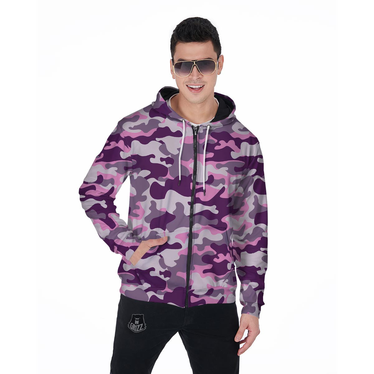 Pink Camouflage Print Men's Zip Up Hoodie-grizzshop